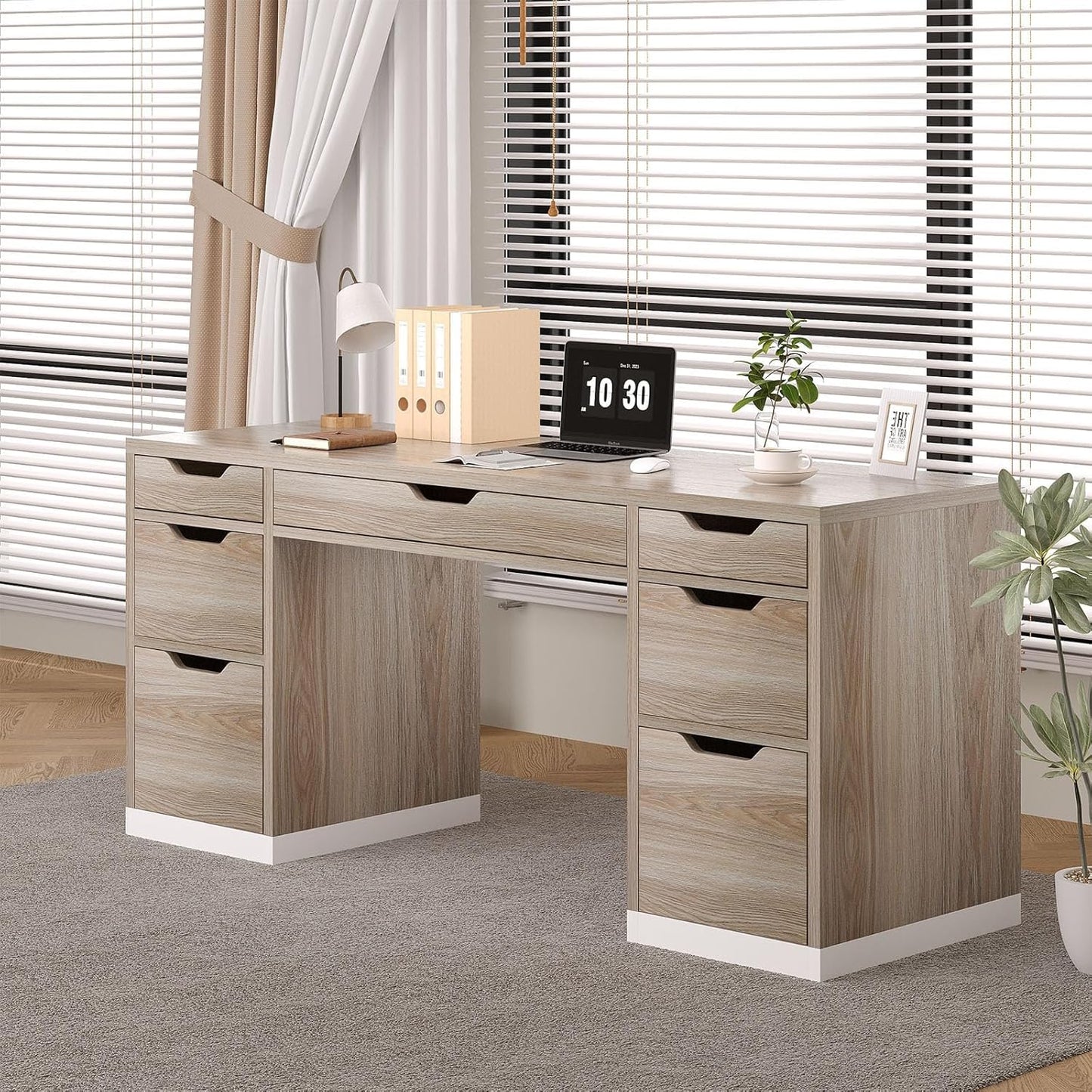 54 Inch Computer Desk with Storage Drawers, Executive Desk with 7 Drawers for Bedroom, Office Desk with File Cabinet for Work Study Writing, Small Spaces, White and Walnut