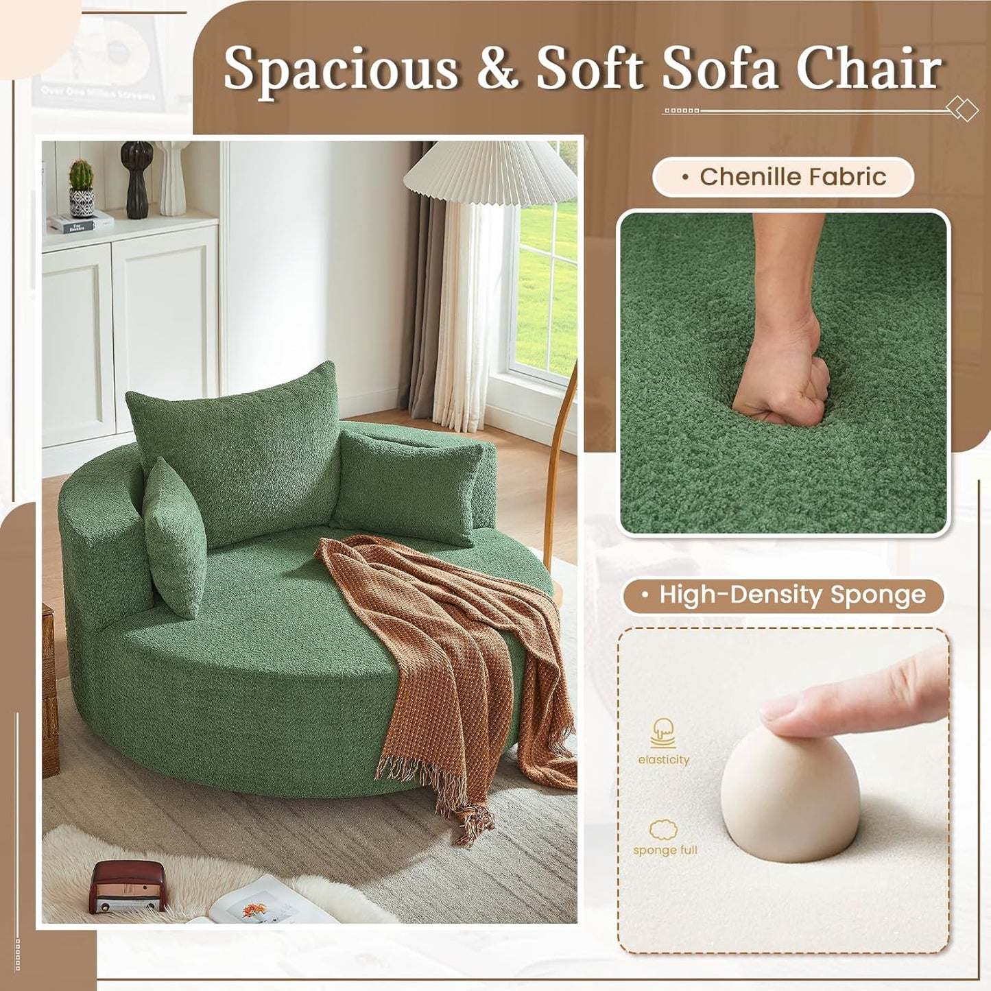 55.1” Oversized Round Swivel Barrel Chair, Large Upholstered Accent Sofa Chair with 3 Pillow, Comfy Chenille Cloud Circle Reading Chaise Lounge Indoor for Living Room, Bedroom,Apartment,Green