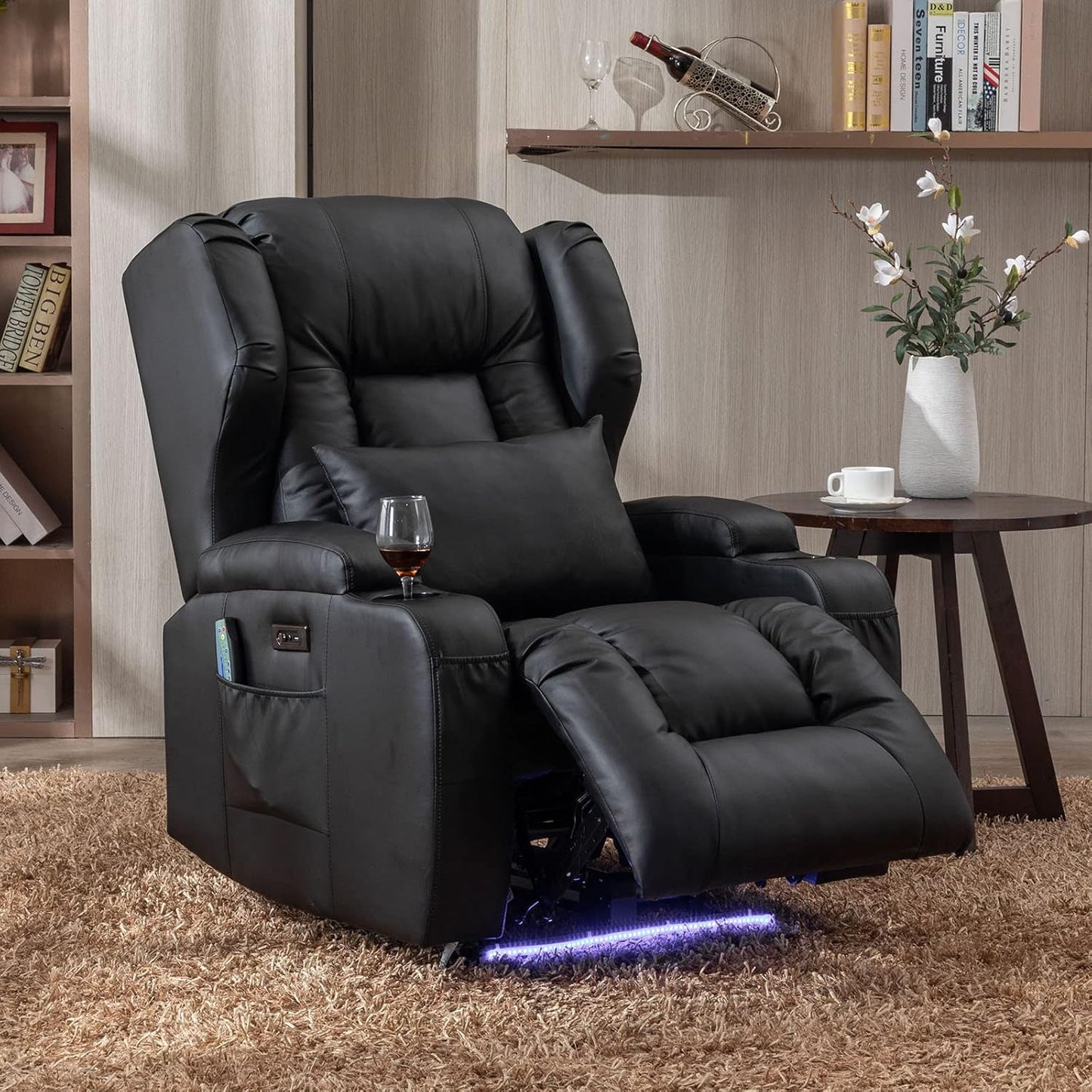 BINGTOO Electric Power Recliner Chair with Massage & Heat - Ergonomic Wingback Lounge Sofa Chair for Living Room, Home Theater Seating & RV with LED Light/Cup Holders/USB Ports, Grey