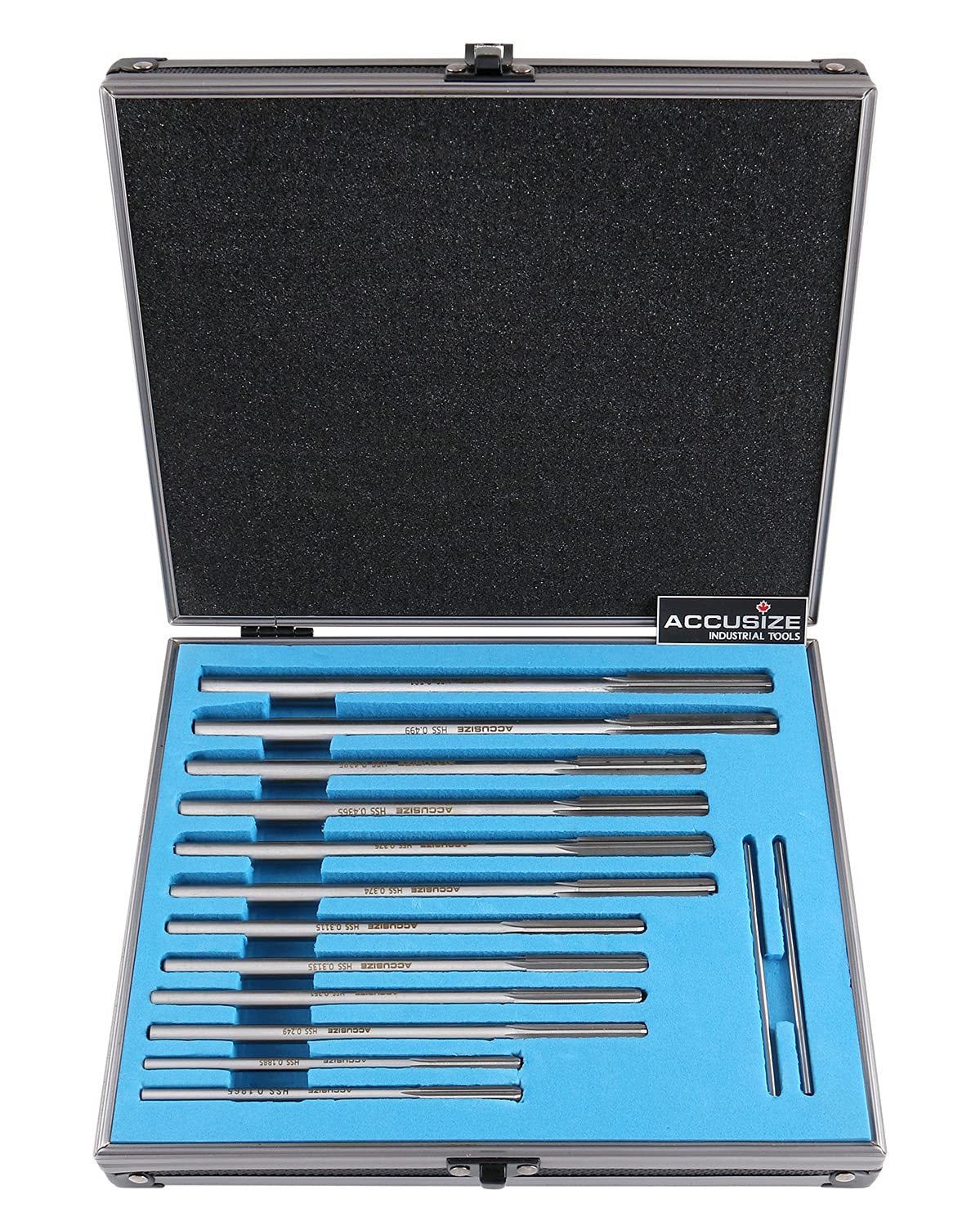 Accusize Industrial Tools 29 Pc Set 1/16 to 1/2 inch by 1/64 in HSS M2 Premium Chucking Reamers, Straight Flute, Aluminum Case, 5528-SF00