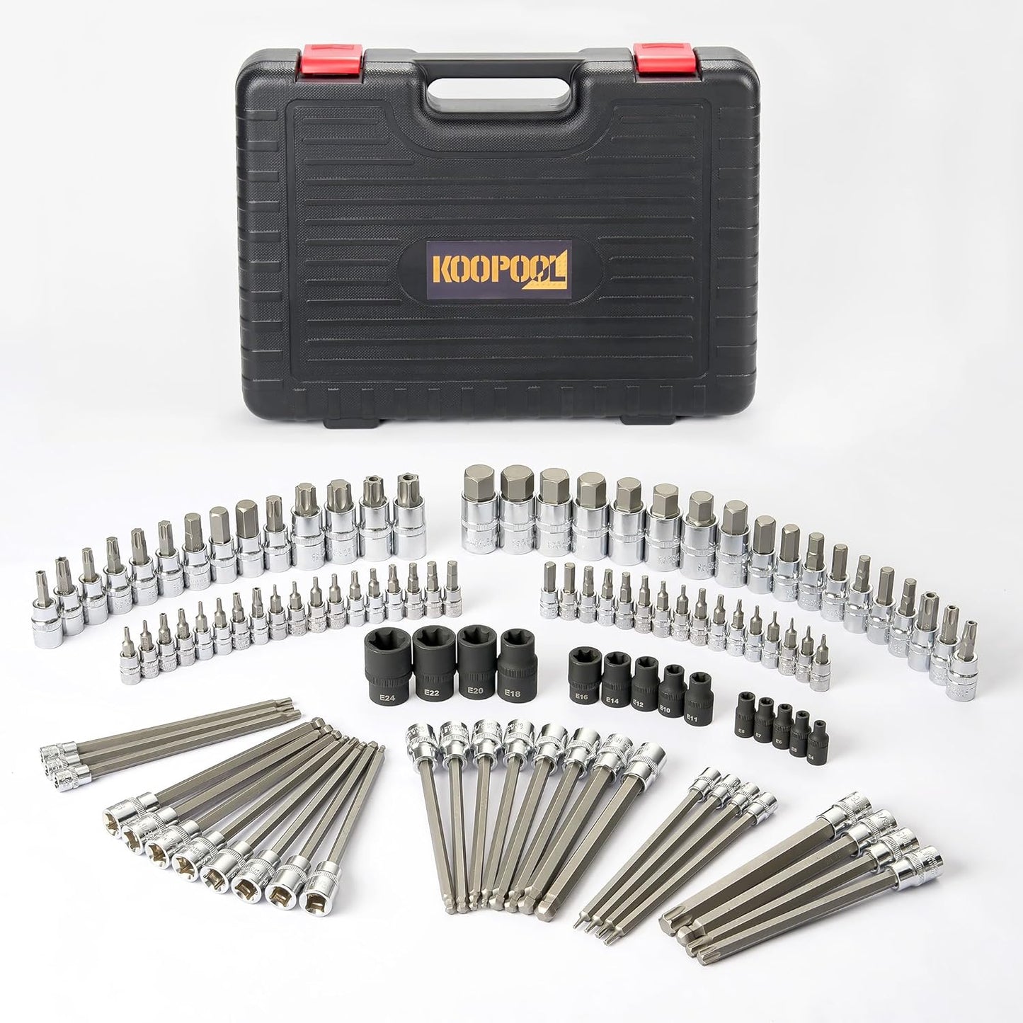 107-Piece Master Torx & Allen Bit Socket Set, 1/4", 3/8", 1/2" Drive, Long Torx & Ball End Hex Bits, Tamper-Resistant Star, E-Star Sockets, SAE & Metric, S2 Steel Storage Case
