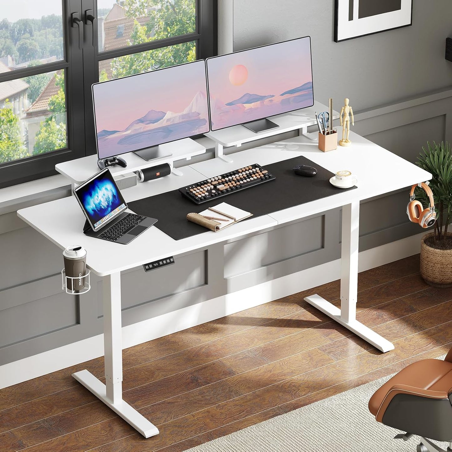 Standing Desk with 2 Adjustable Monitor Shelves, 71 x 24 Inches Electric Stand Up Desk with Memory Controller and Adjustable Height from 28-46 inches for Computer Workstations, Rustic Brown