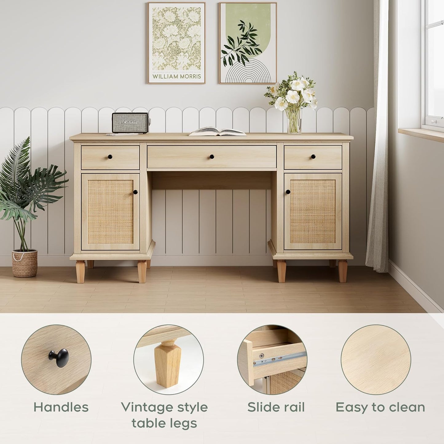 Yechen 58" Modern Executive Desk with Natural Rattan Door, Boho Writing Desk with 3 Drawers & 2 Cabinet for Study, Work, Computer, Natural Oak