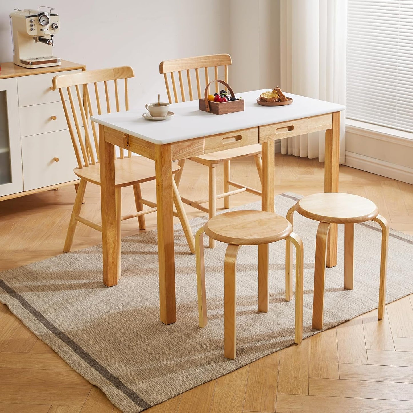 Small Computer Desk Table, Wood Writing Desk with Drawers and Hooks, 39x22x30inch Work Study Table, Wooden Dining Table White + Natural Wood Legs YD-WD02WN