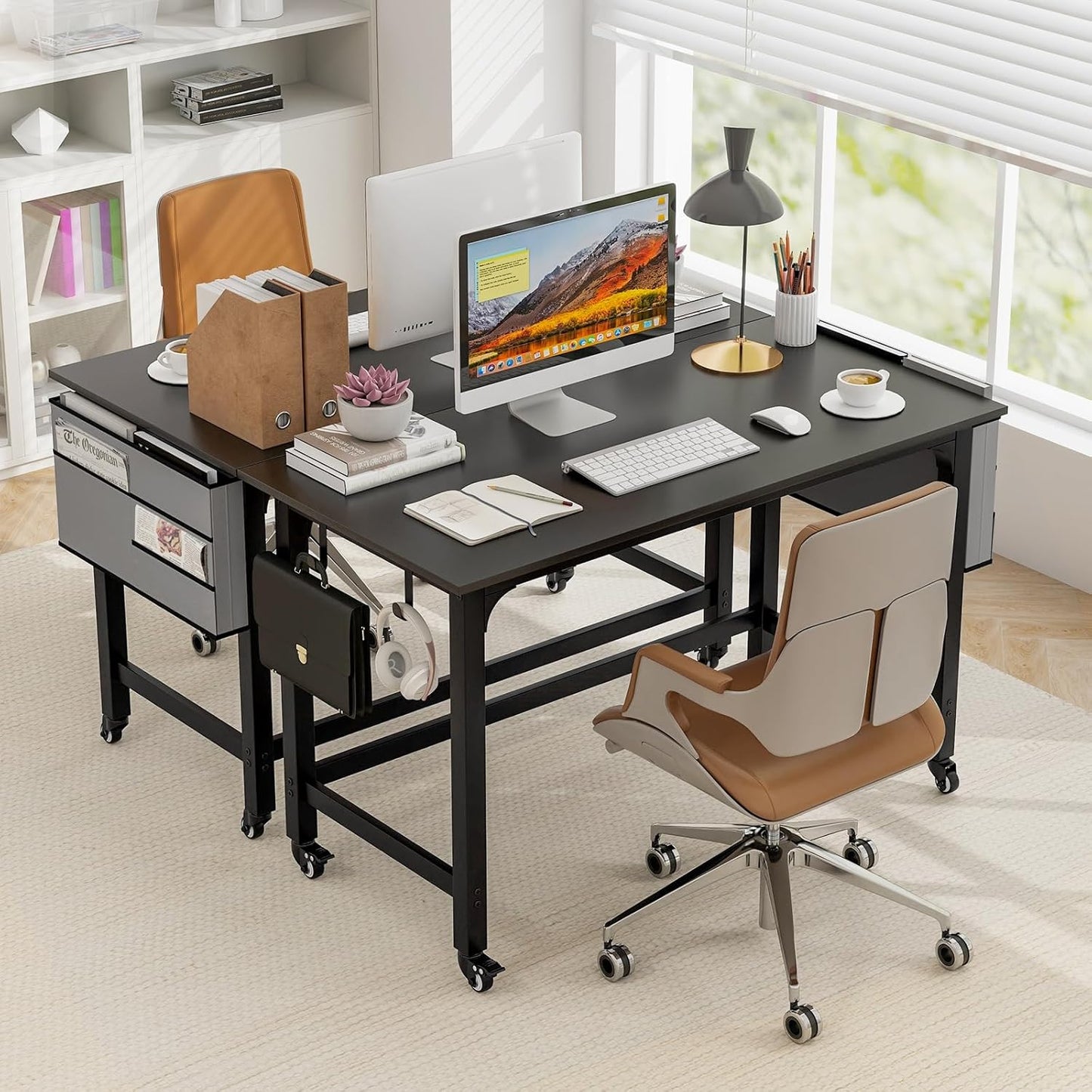 Tangkula 48” Mobile Computer Desk with Storage Bag & 2 Hanging Hooks, Rolling Home Office Writing Study Desk, Rolling PC Workstation with Lockable Universal Casters for Study Room, Bedroom