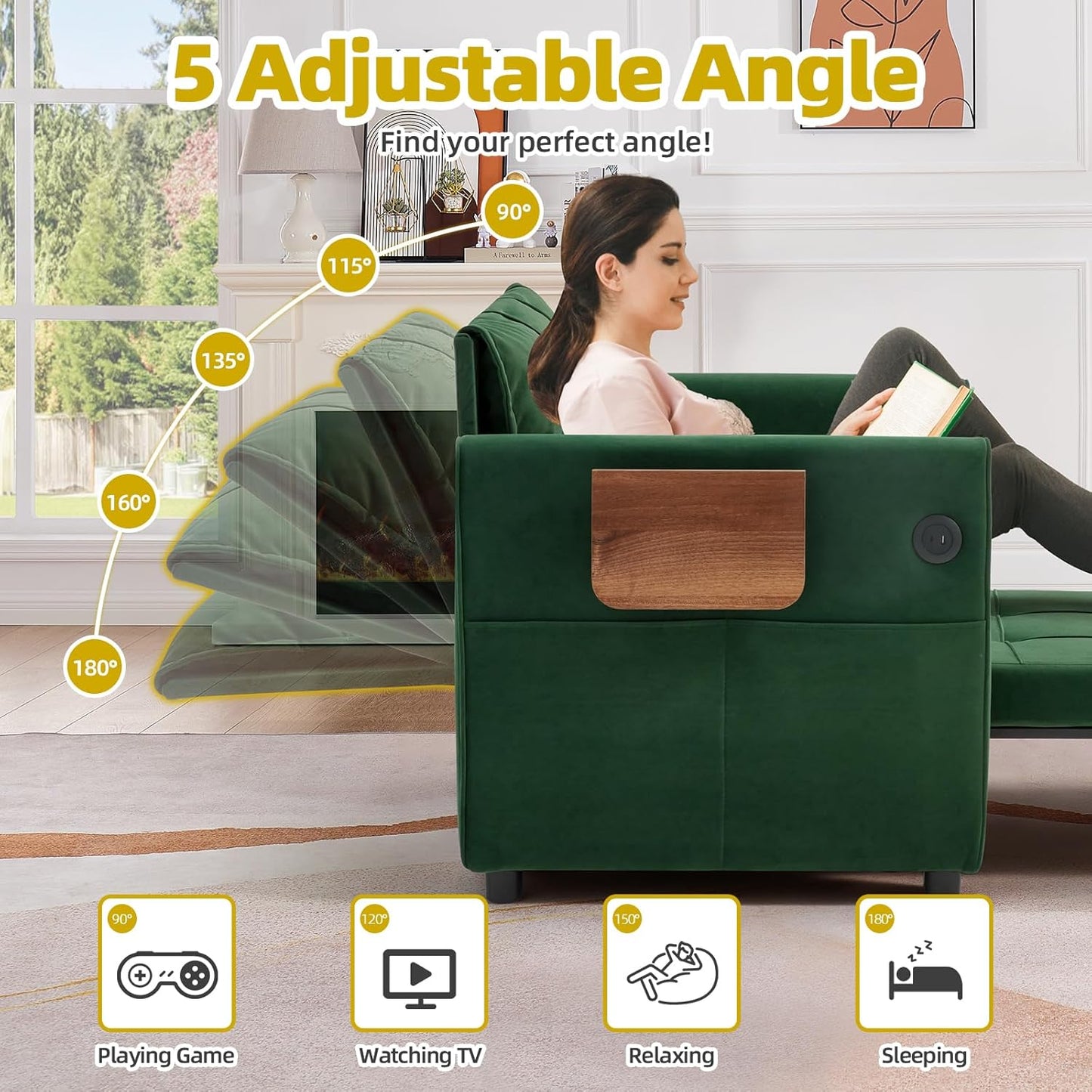 4-in-1 Convertible Sleeper Chair Bed for Adult, 90" Extra Long Pull-Out Sleeper Sofa Bed with Wing Table, USB Charging & Bottom Storage, Single Sleeping Chair for Living Room, Green