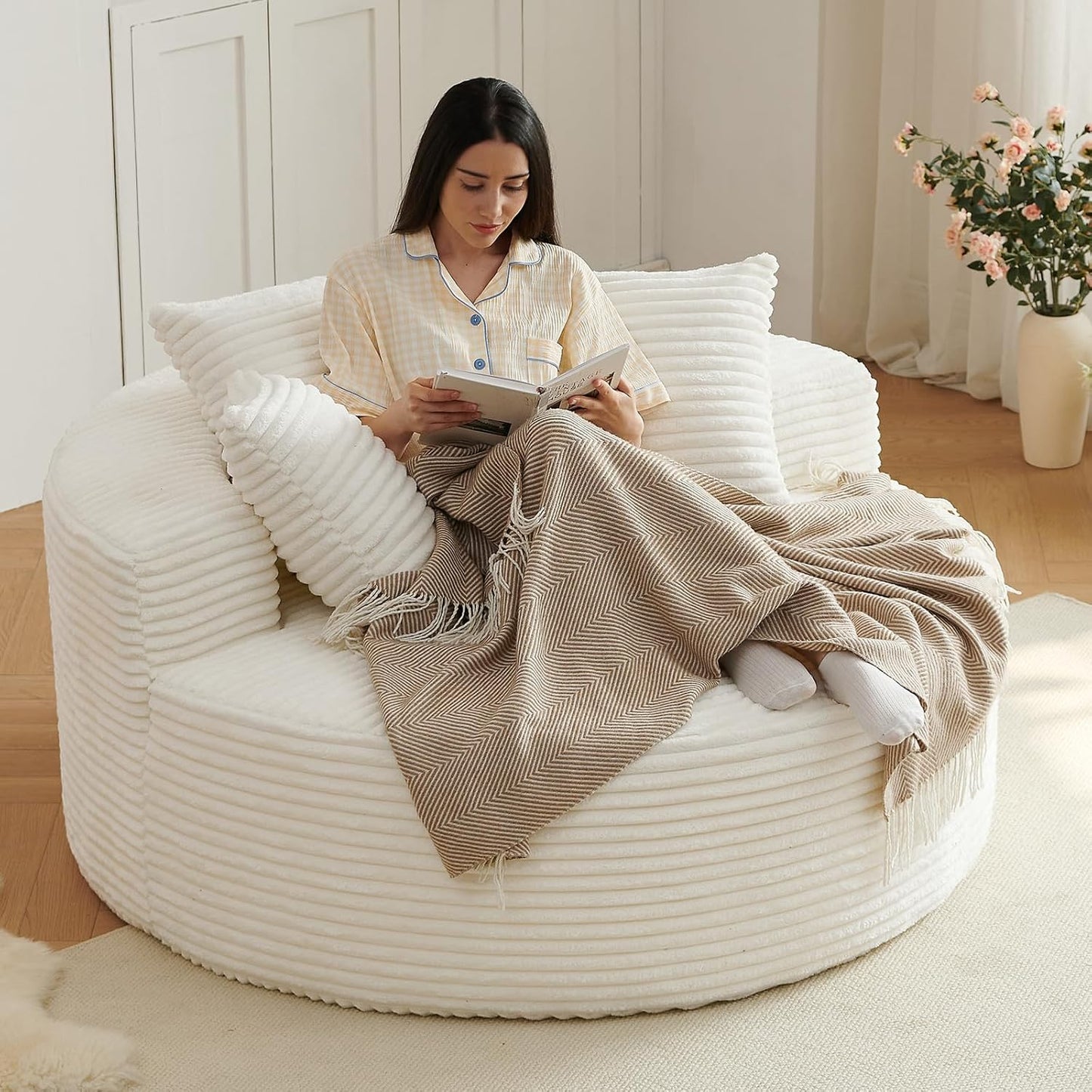55" L Corduroy Sponge Single Sofa, Oversized Round Chair, Fluffy Modern Sleeper Chairs for Living Room, Lounge and Projection Room, Wide Armrest Lounge Chairs, Armchair with Pillow White
