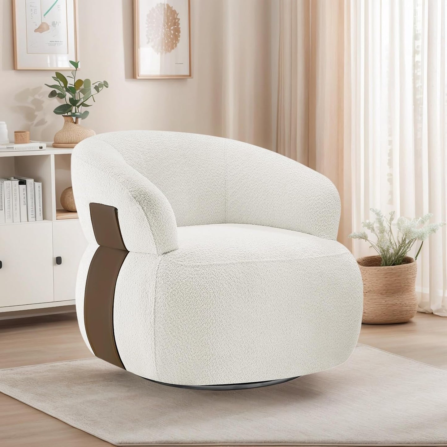 Swivel Barrel Accent Chairs-Modern Round Club Arm Chair Upholstered Living Room Armchair, Single Sofa Seating Bedroom Side Reading Seat for Living Roon Office (Beige,1 Pack)