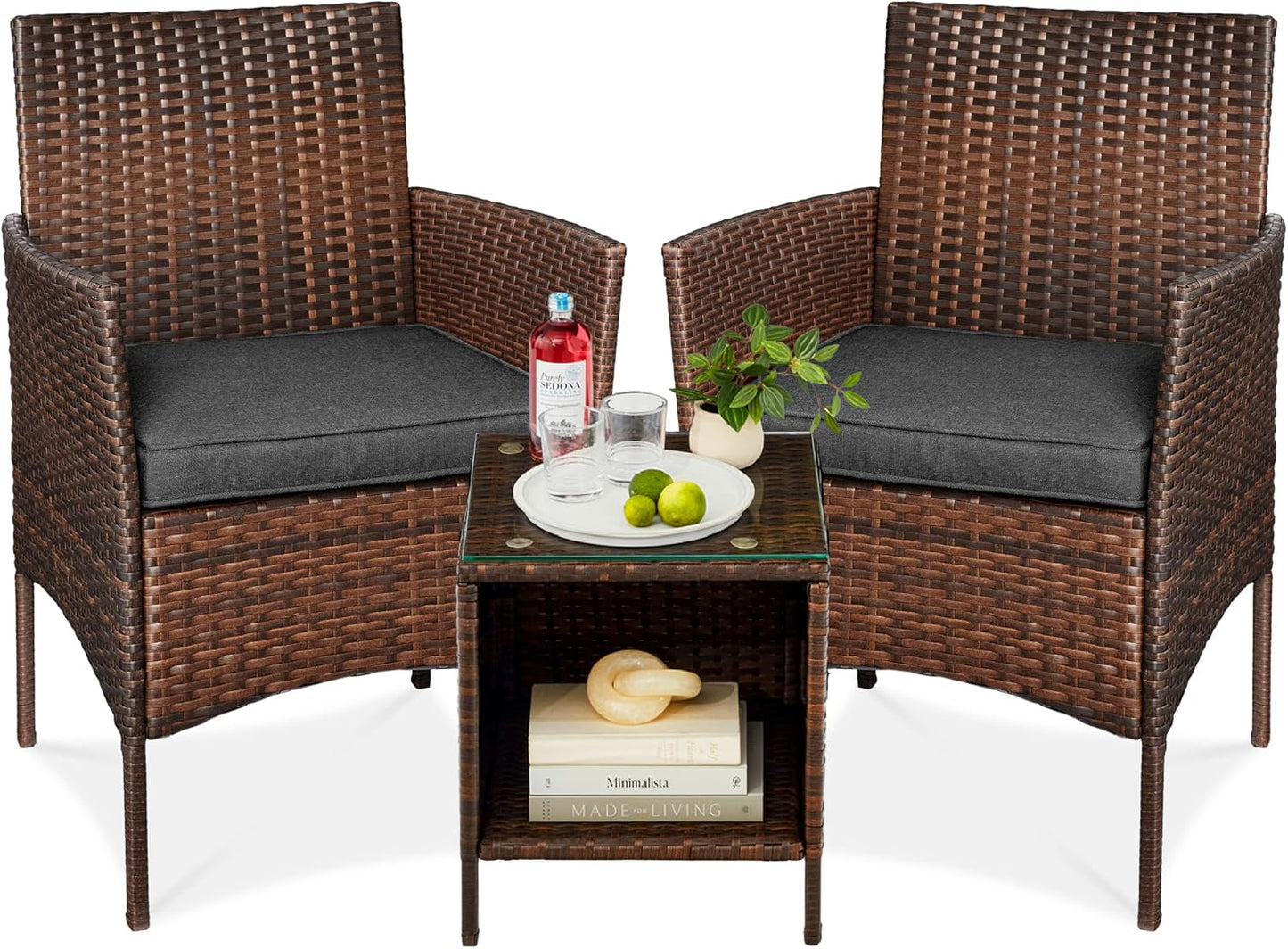 Best Choice Products 3-Piece Outdoor Wicker Conversation Bistro Set, Space Saving Patio Furniture for Garden w/Side Table - Gray/Navy