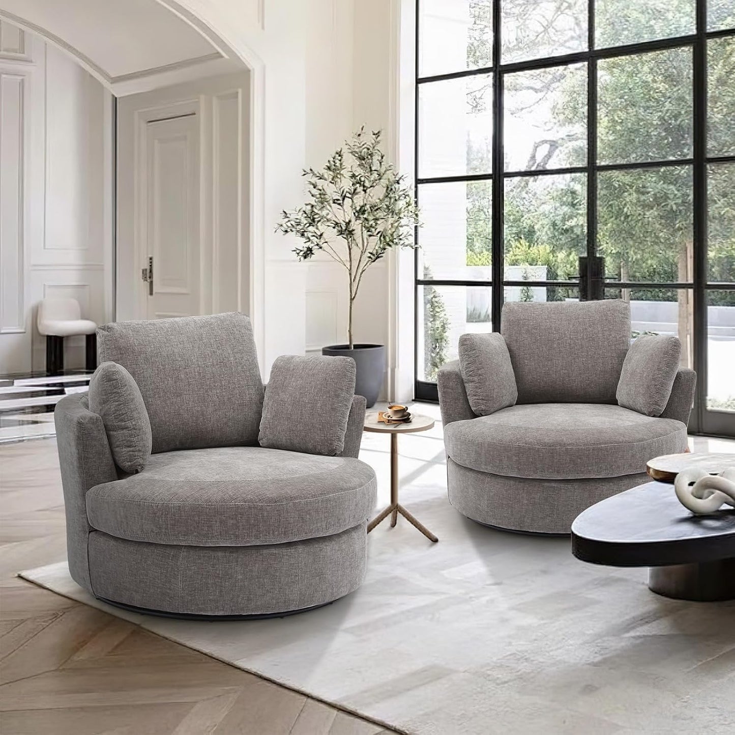SLEERWAY Oversized Swivel Chairs Set of 2, Big Comfy Round Accent Barrel Chair and A Half Bucket Loveseat Bedroom Club Reading Lounge Living Room Furniture Set (Grey)