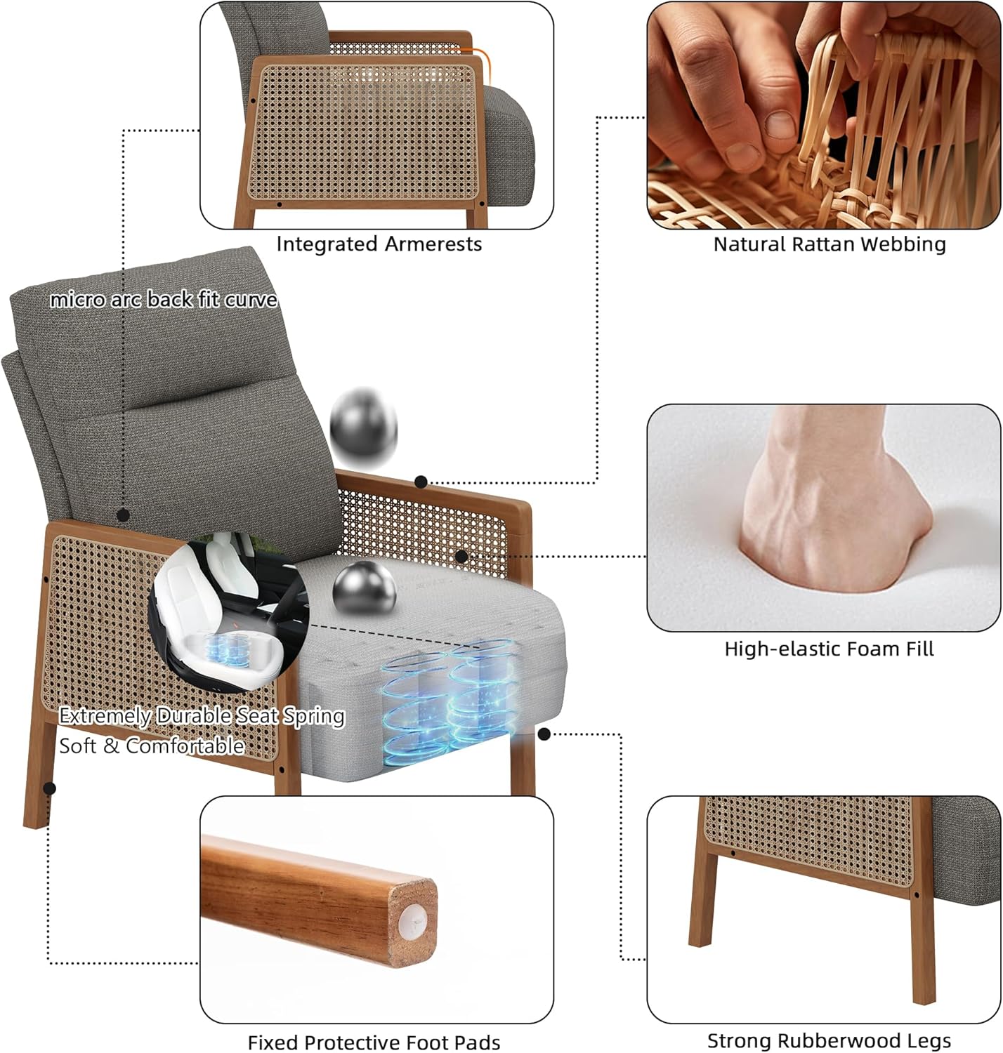Alunaune Upholstered Natural Rattan Living Room Chairs Accent Chair Armchair Set of 2, Modern Slipper Club Chair Guest Reception Couch Comfy Single Sofa for Reading Bedroom-Taupe