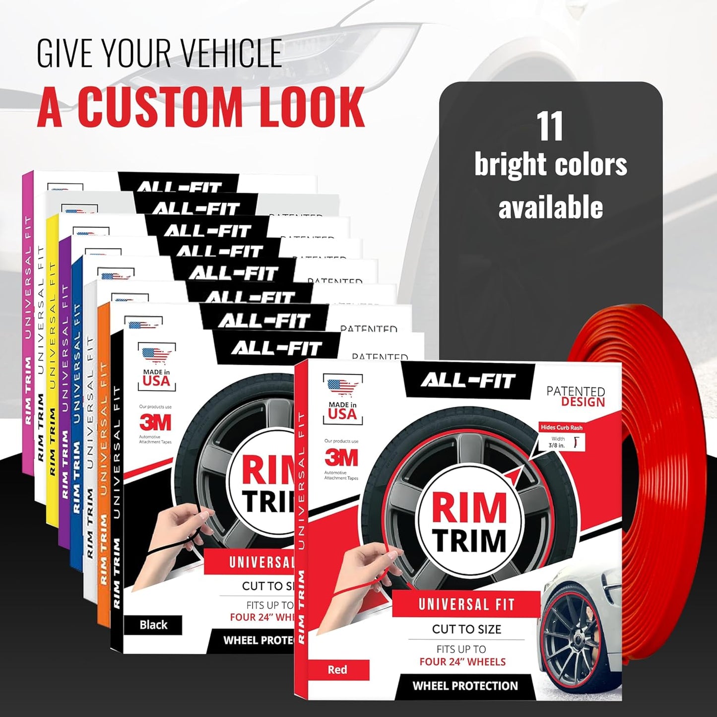 All-Fit Automotive Rim Trim – Durable DIY Car Exterior Accessories for Curb Rash Protection – Fits Up to Four 24” Wheels – Flexible, Durable Wheel Rim Protector (3/8″ width/Red)