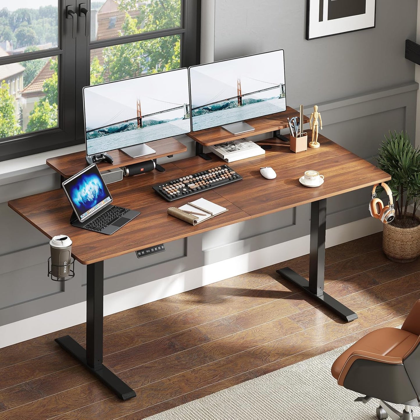 Standing Desk with 2 Adjustable Monitor Shelves, 71 x 24 Inches Electric Stand Up Desk with Memory Controller and Adjustable Height from 28-46 inches for Computer Workstations, Rustic Brown