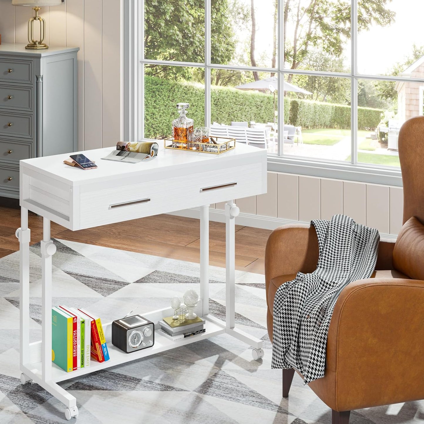 Tribesigns Portable Desk with Drawers, Mobile Laptop Desk with Wheels, Sofa Side Table Bed Desks, Small Standing Desk for Home Office (White)