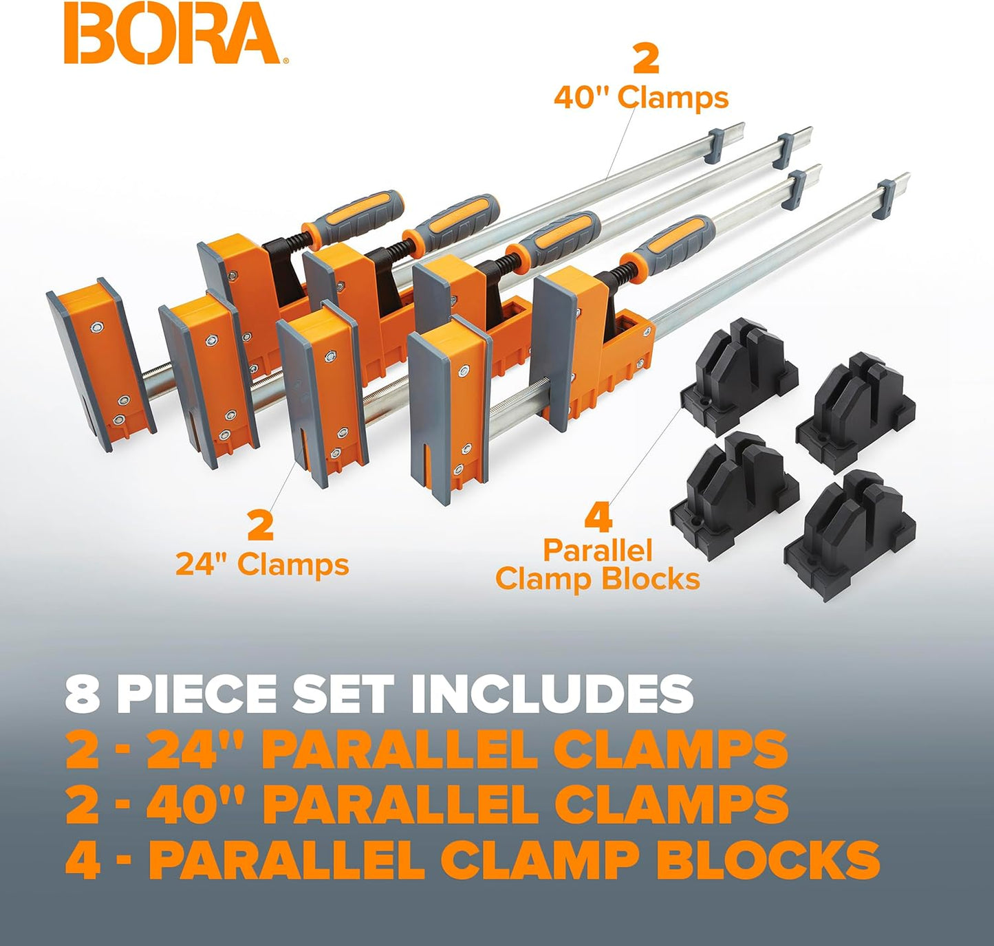BORA 8pc Parallel Clamp Set, Includes 2 x 24" + 2 x 40" Woodworking Clamps with Rock-Solid, Even Pressure + 4 x Parallel Clamp Blocks, 571650