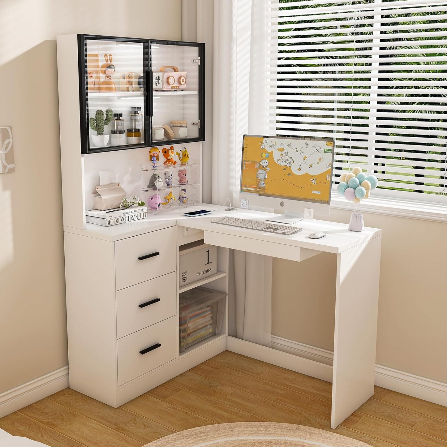 43" Small Gaming Desk with with 3 Drawers and 4 Shelves, White Computer Desk with Hutch and Storage Shelves, Home Office Desk with 4-in-1 Power Outlet Suitable for a Variety of Places