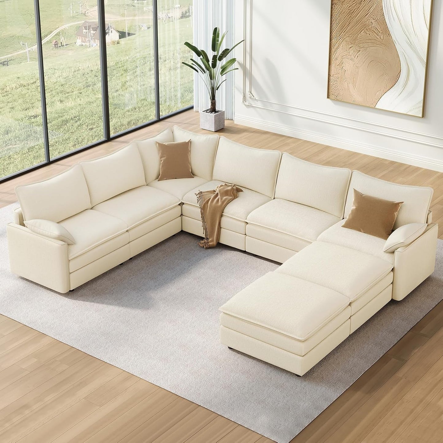 Vesgantti 108" Modular Sectional Sofa, Comfy Cloud Couch with Movable Ottoman Deep Seat Chenille L Shaped Modular Sofa, Sectional Couches for Living Room, Bedroom and Apartment, Beige