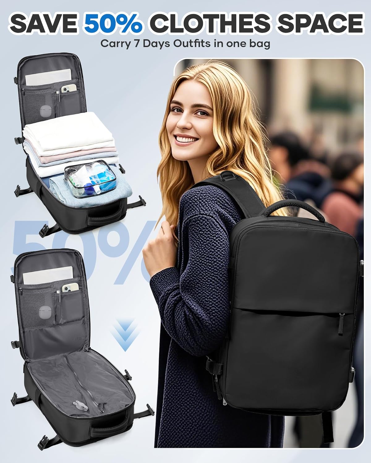 Vacuum Seal Travel Backpack with Air Pump Compression Vacpack Waterproof Carry On Backpack for Travel Women men with Vacuum System Laptop Airlines Approved Daypack Space Saver Bags Black