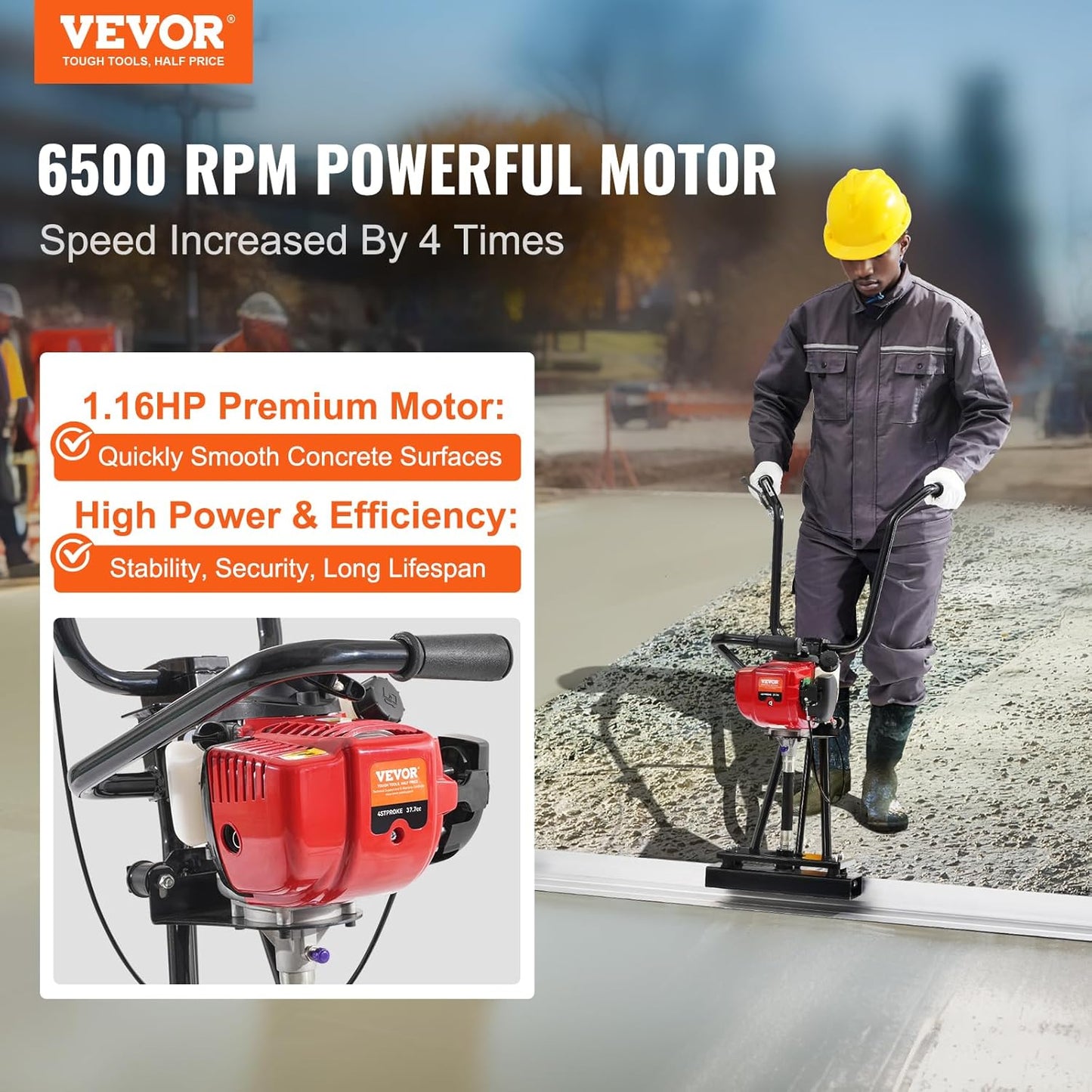 VEVOR Concrete Power Screed, 11ft Aluminum Board Straight Edge Bar Set, 4 Stroke Cement Finishing Vibrating Motor with Height Adjustable Handles, High Efficient Concrete Tools 6500RPM