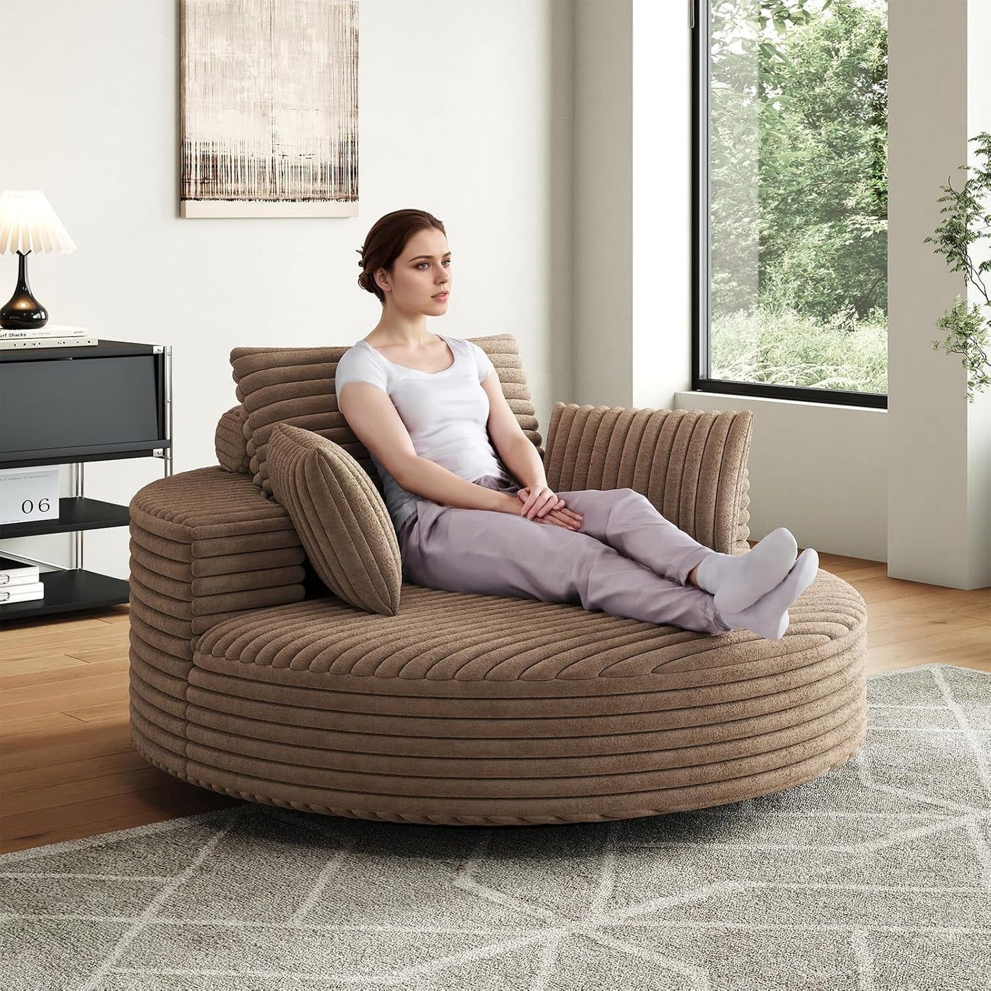 55 inch 360° Swivel Accent Chair, Chaise Lounge Chair Indoor Oversized Round Swivel Accent Chair Modern Corduroy Single Sofa Chair Deep Seat Chair for Living Room Bedroom Apartment, Grey