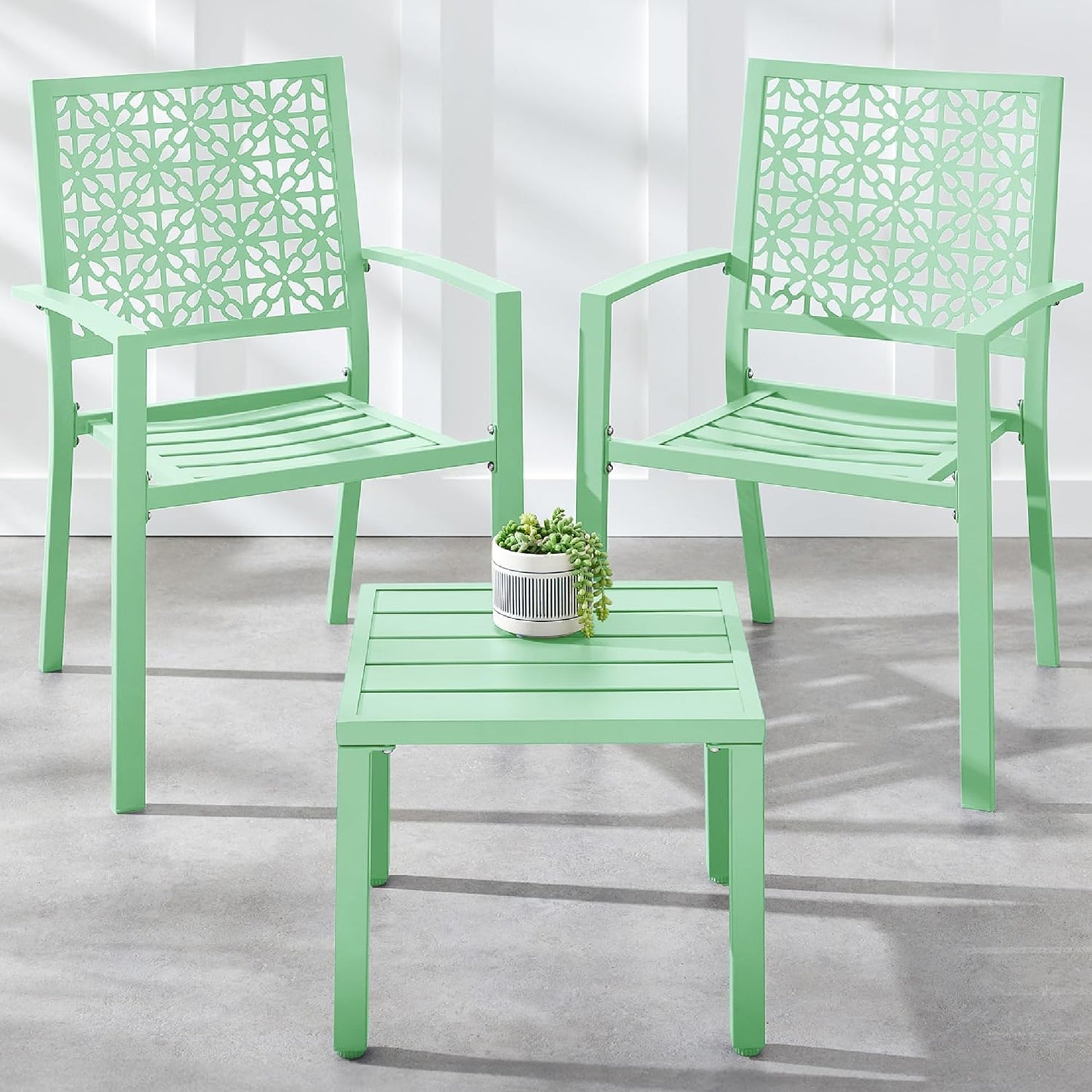 Best Choice Products 3-Piece Outdoor Bistro Set, Stackable Modern Steel Furniture for Porch, Garden w/ 2 Chairs, Table, Geometric Decor - Sage Green