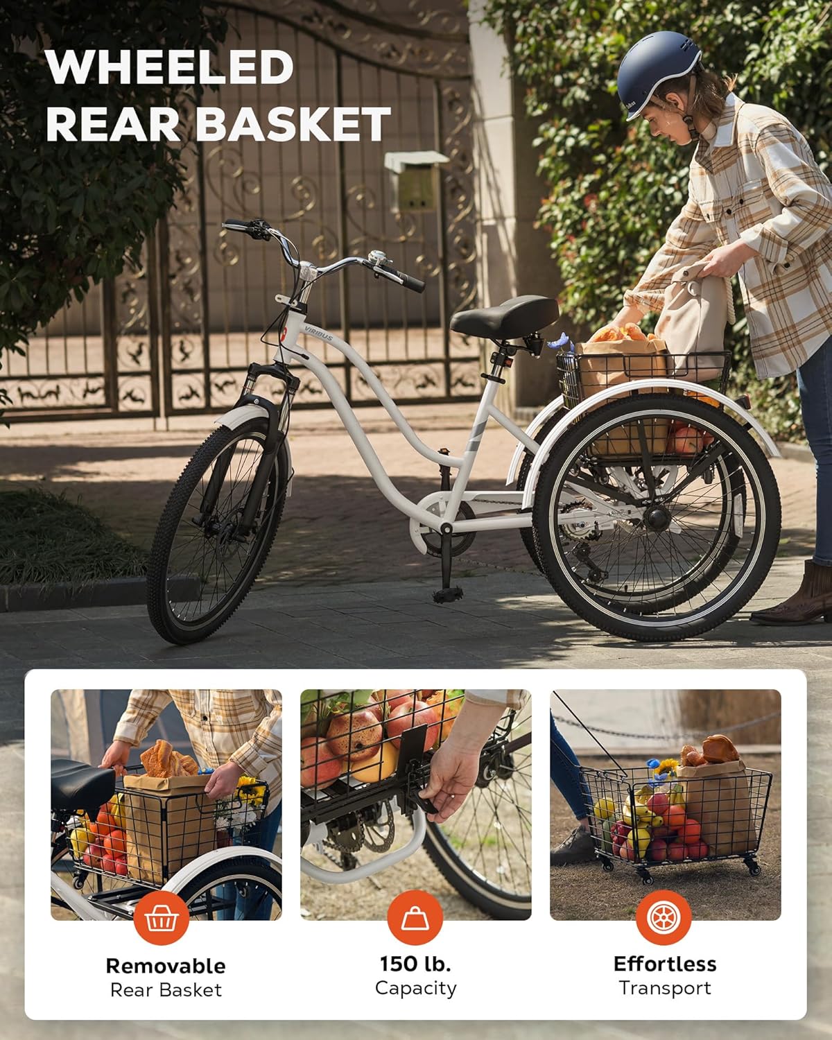 Viribus Adult Tricycle, 7 Speed Tricycle for Adults with Front Suspension and Removable Basket, 24 26 inch 3 Wheel Bike for Adults Dual Chain, Adult Trike for Men Women Seniors, 400 lb.