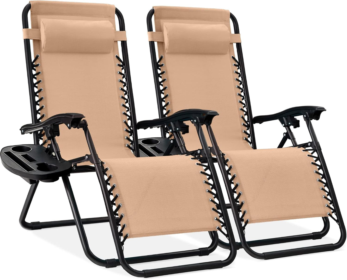 Best Choice Products Set of 2 Adjustable Steel Mesh Zero Gravity Lounge Chair Recliners w/Pillows and Cup Holder Trays - Gray
