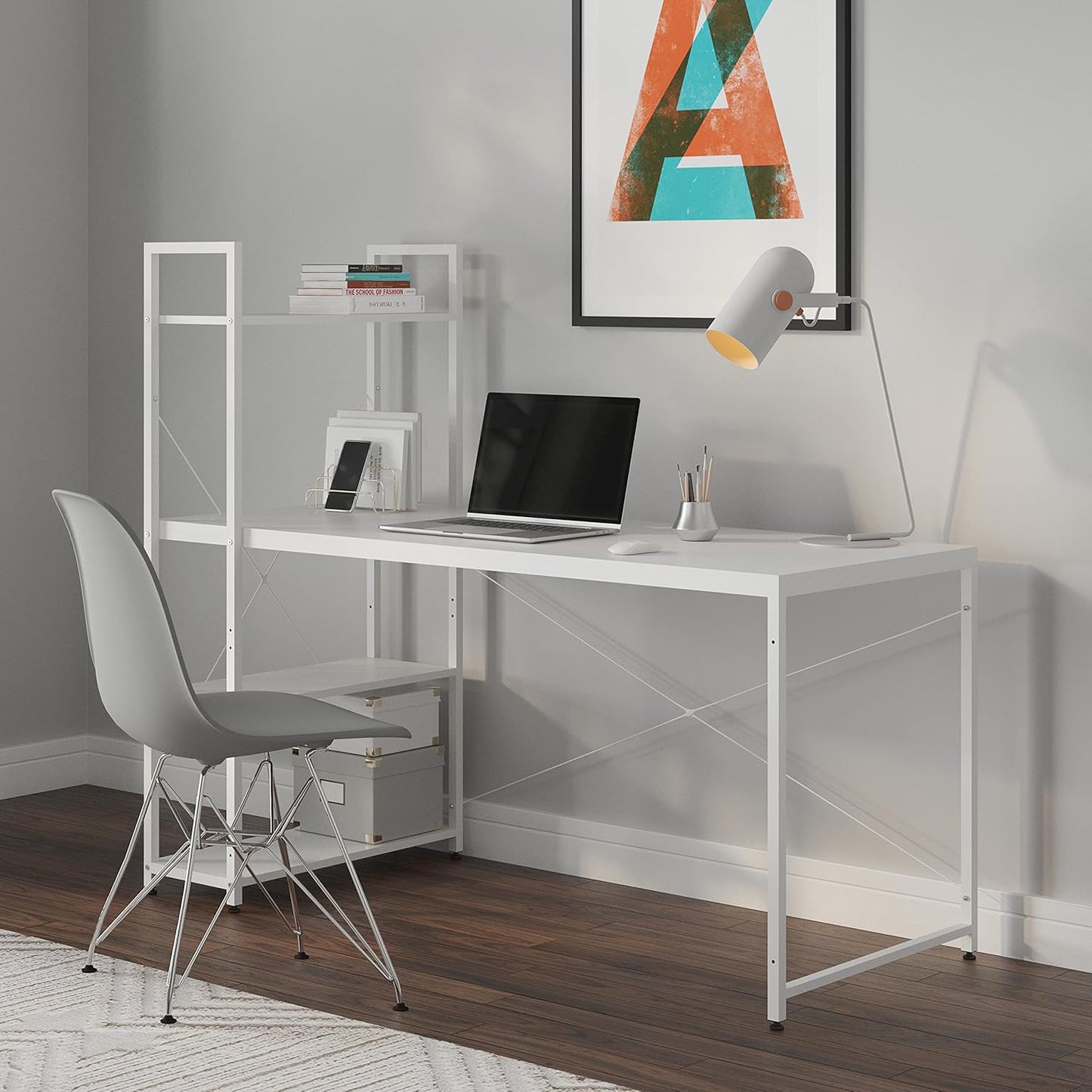 Ames 47" Reversible Gaming Computer Desk with Adjustable Shelves, Home Office Desk, Grommet Cable-Management, Leveler Feet, Easy Assembly, White/White