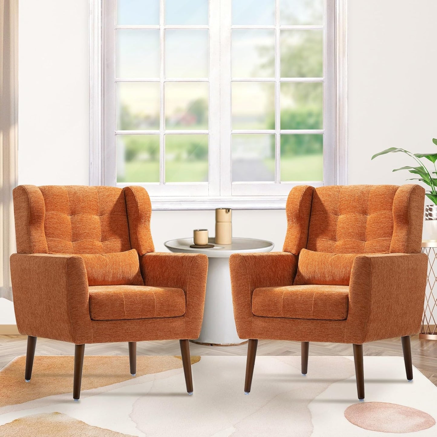 Accent Chair Set of 2, Upholstered Armchair with Pillow, Fabric Single Sofa Chair with Lounge Seat and Wood Legs Accent Chair for Living Room Small Spaces (Grey, Set of 2)