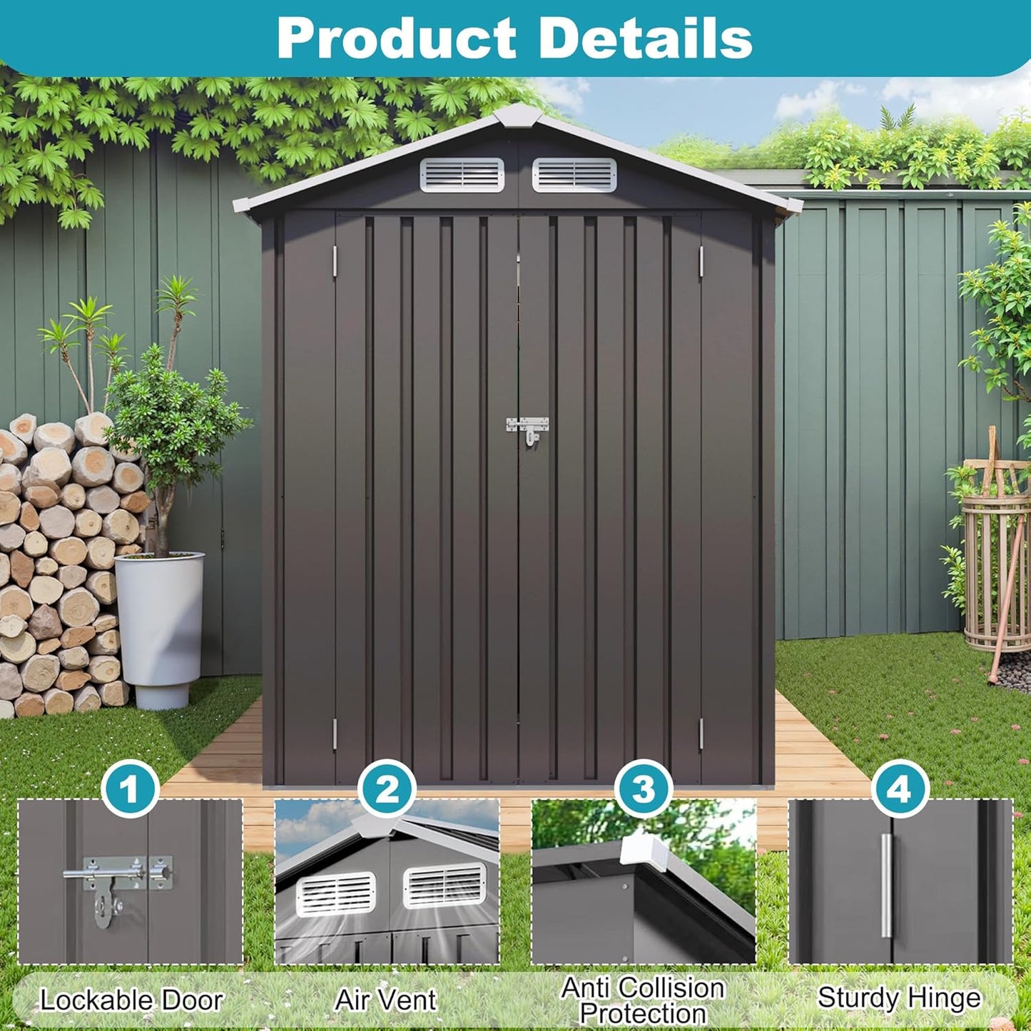 5X3 FT Outdoor Metal Storage Shed, Tool Shed with Peaked Roof and Lockable Door, Compact Garden Shed for Backyard Garden Patio Lawn, Gray