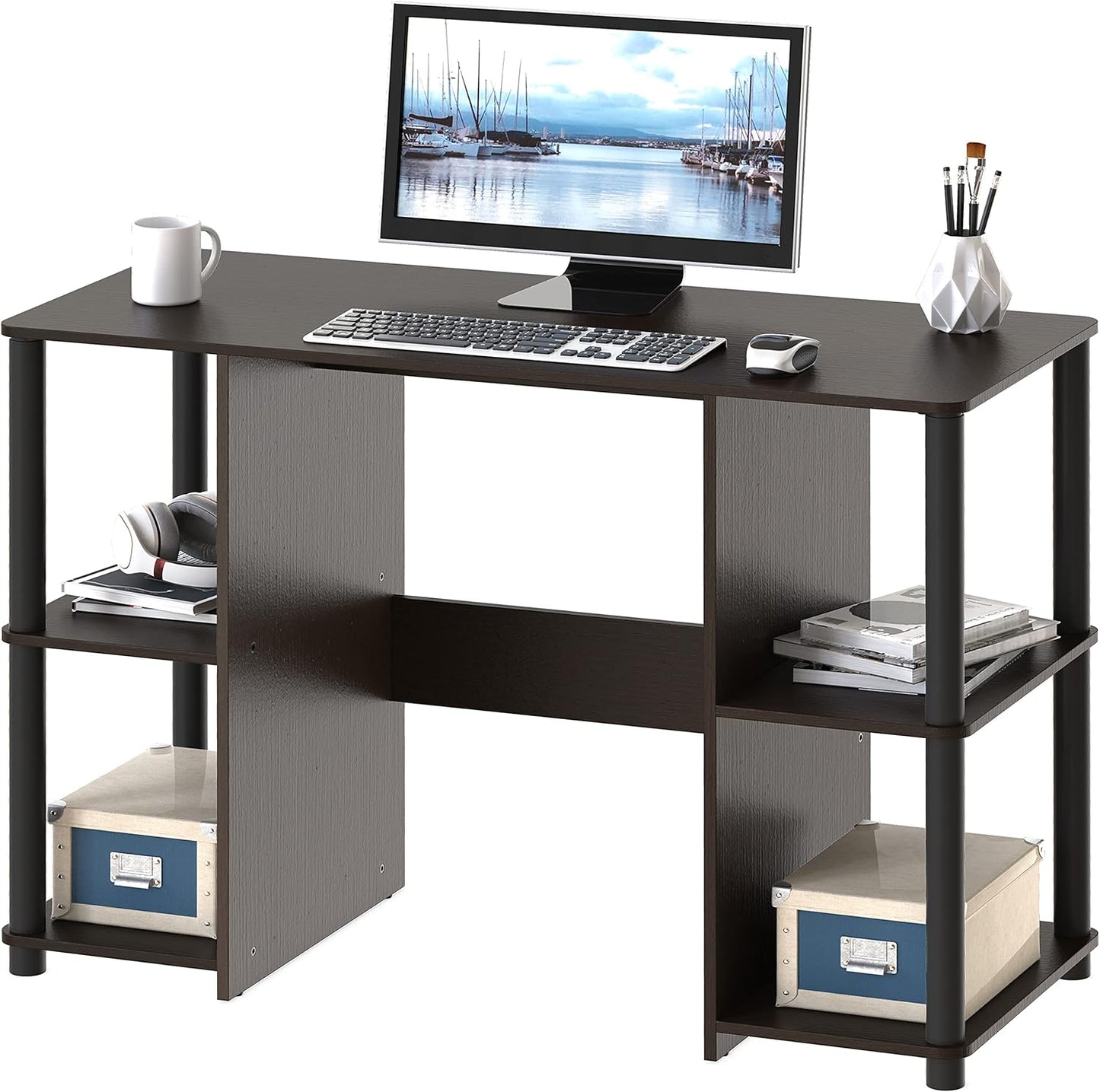SHW 38-Inch Home Office Wood Desk with Double Sided Shelves, Oak