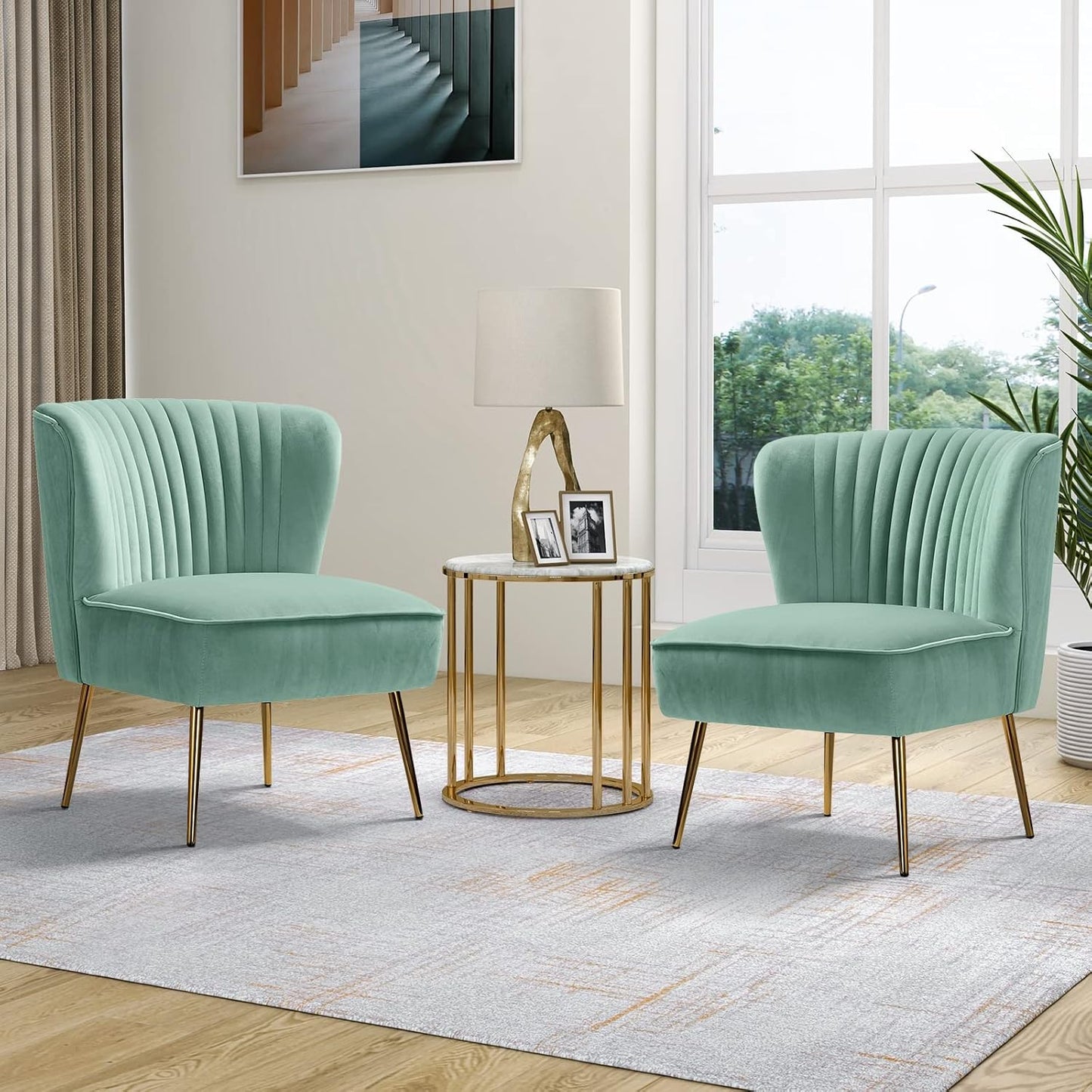 TINA'S HOME Velvet Accent Chair Set of 2 with Metal Golden Legs, Upholstered Armless Slipper Chair with Wingback, Mid Century Side Chair for Living Room Bedroom Makeup Vanity- Red