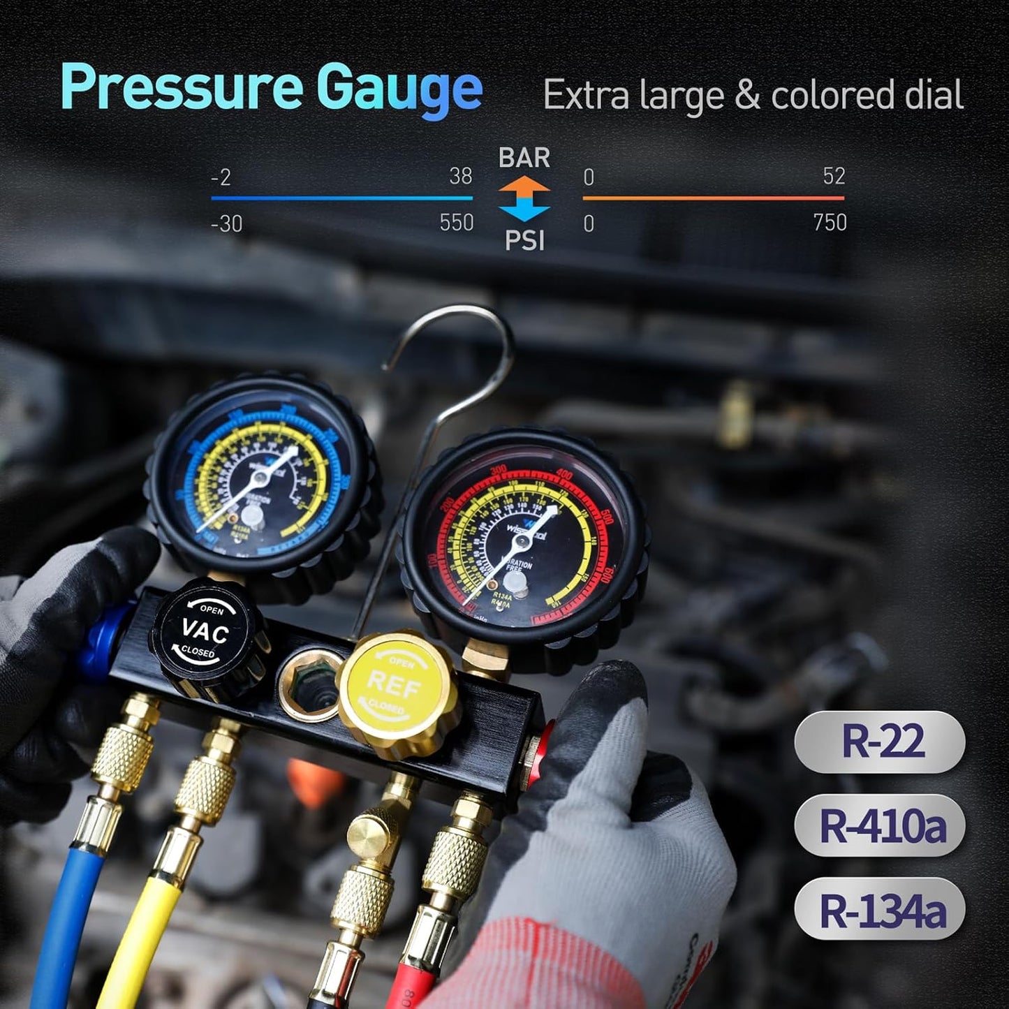 AC Gauge Set R410a R134a R22, Automotive 4 Valve AC Manifold Gauge with 5ft Hoses, Quick Couplers, Adapters, Puncturing Can Tap Tools for R410a Refrigerants Charging and Evacuation