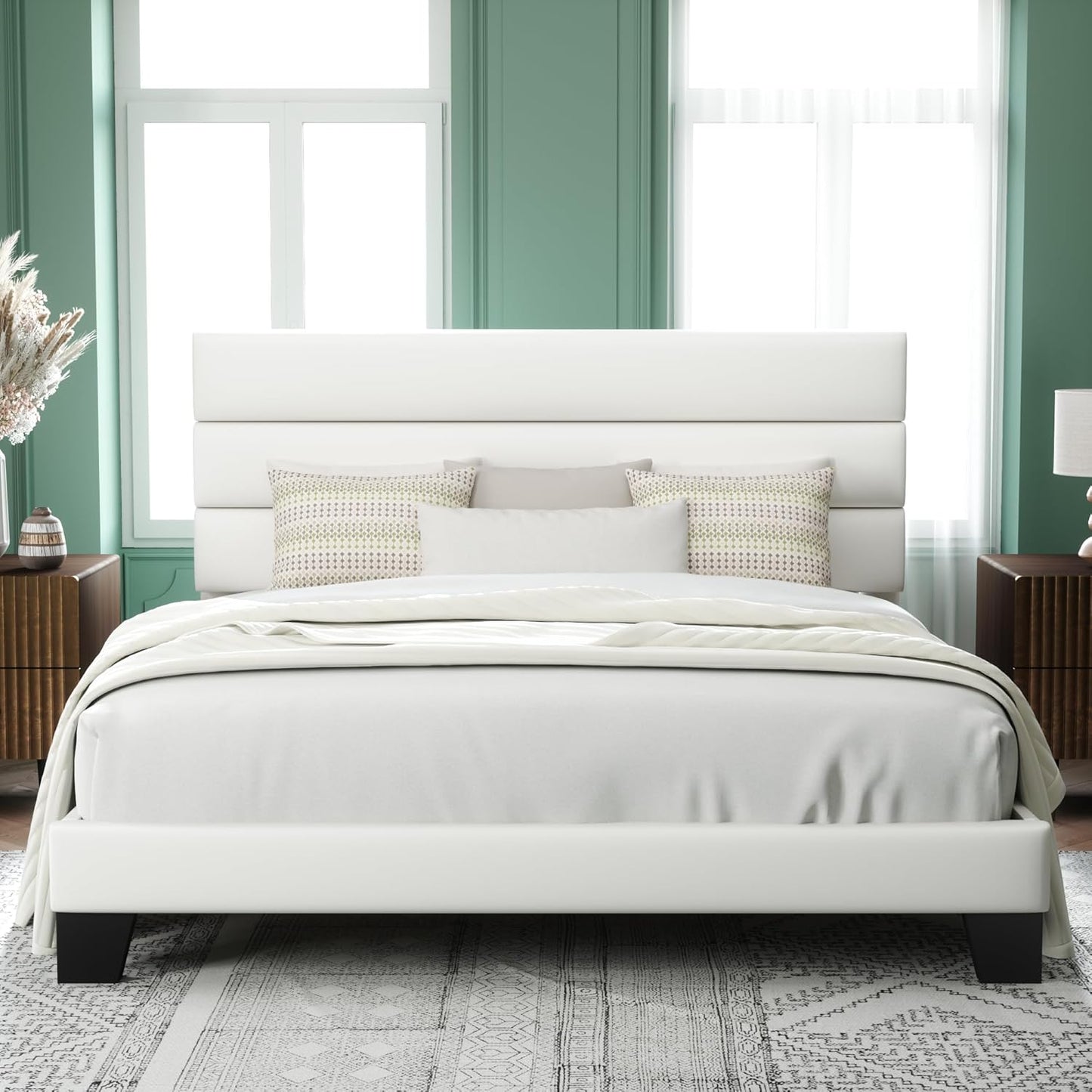 Allewie Queen Size Platform Bed Frame with Fabric Upholstered Headboard and Wooden Slats Support, Fully Upholstered Mattress Foundation/No Box Spring Needed/Easy Assembly, Dark Grey