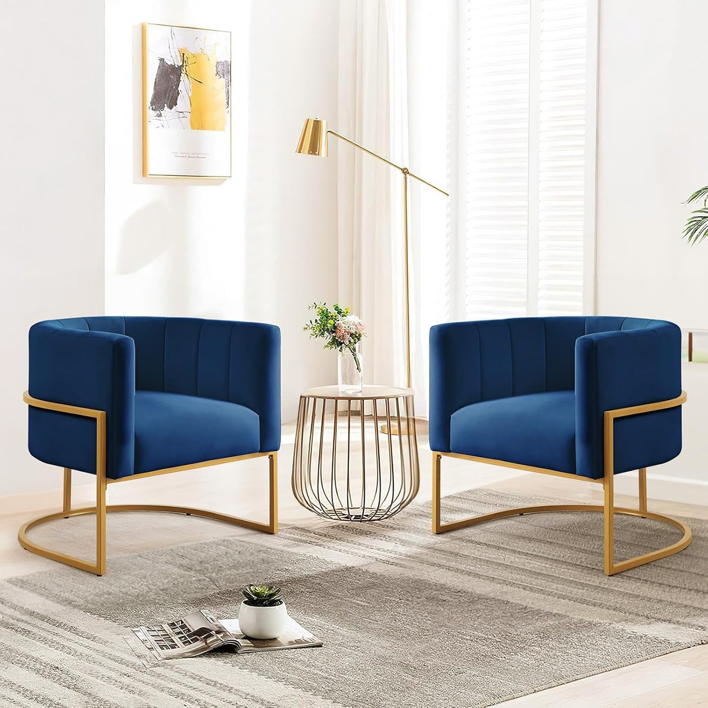 Velvet Accent Chairs, Mid Century Modern Upholstered Round Barrel Chair Metal Gold Stand Comfy Velvet Channel Tufting Armchair for Living Room, Bedroom, Office Easy Assemble (Navy Blue, Set of 2)