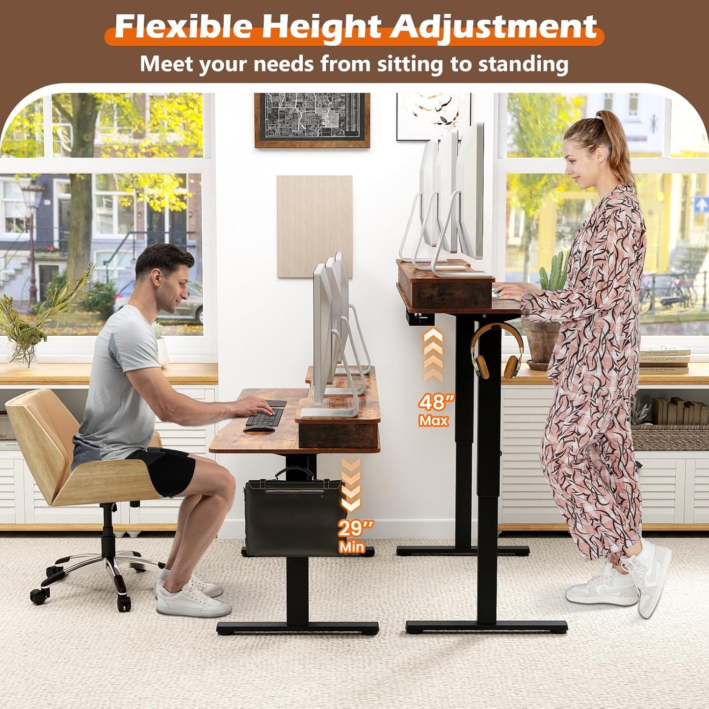 Tangkula 63" x 24" Standing Desk with Drawers, Electric Stand-up Desk with Monitor Stand, Side Hooks, 3 Memory Heights, Anti-Collision Design, Height Adjustable Sit Stand Desk for Home Office