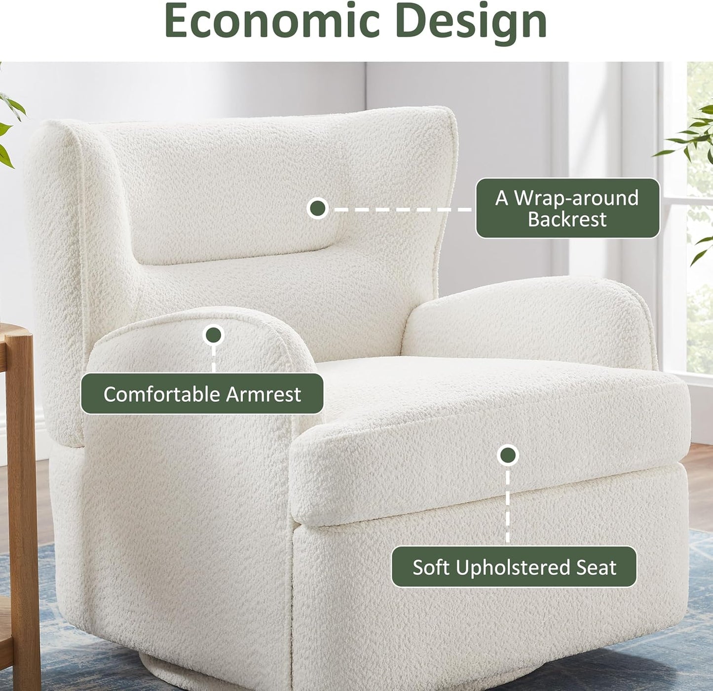 Swivel Accent Chair,Modern 31.50" Upholstered Armchair, Comfy Boucle Accent Chair for Living Room,Bedroom, Corner, Reading Nook (White Boucle)