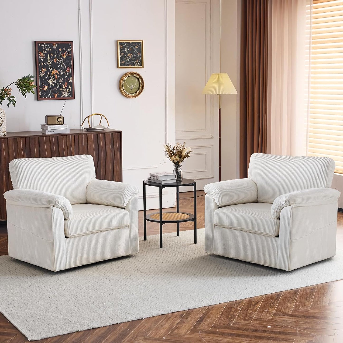 Accent Chair Set of 2, White Corduroy | Compact 360° Swivel for Small Spaces, Plush Deep-Cushioned Reading Chair