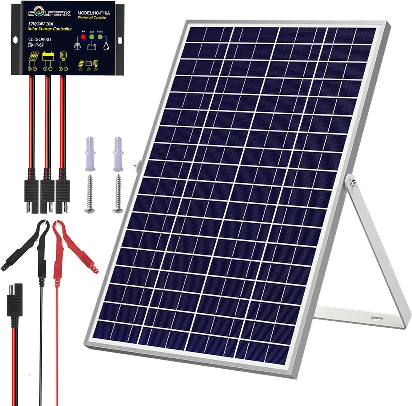 SOLPERK Solar Panel Kit 50W 24V, Intelligent Waterproof 10A PWM Controller, Home Outdoor Solar Battery Charger for RV Car Boat Marine Tractor Camping, 24 Volt Batteries Solar Panel Charger