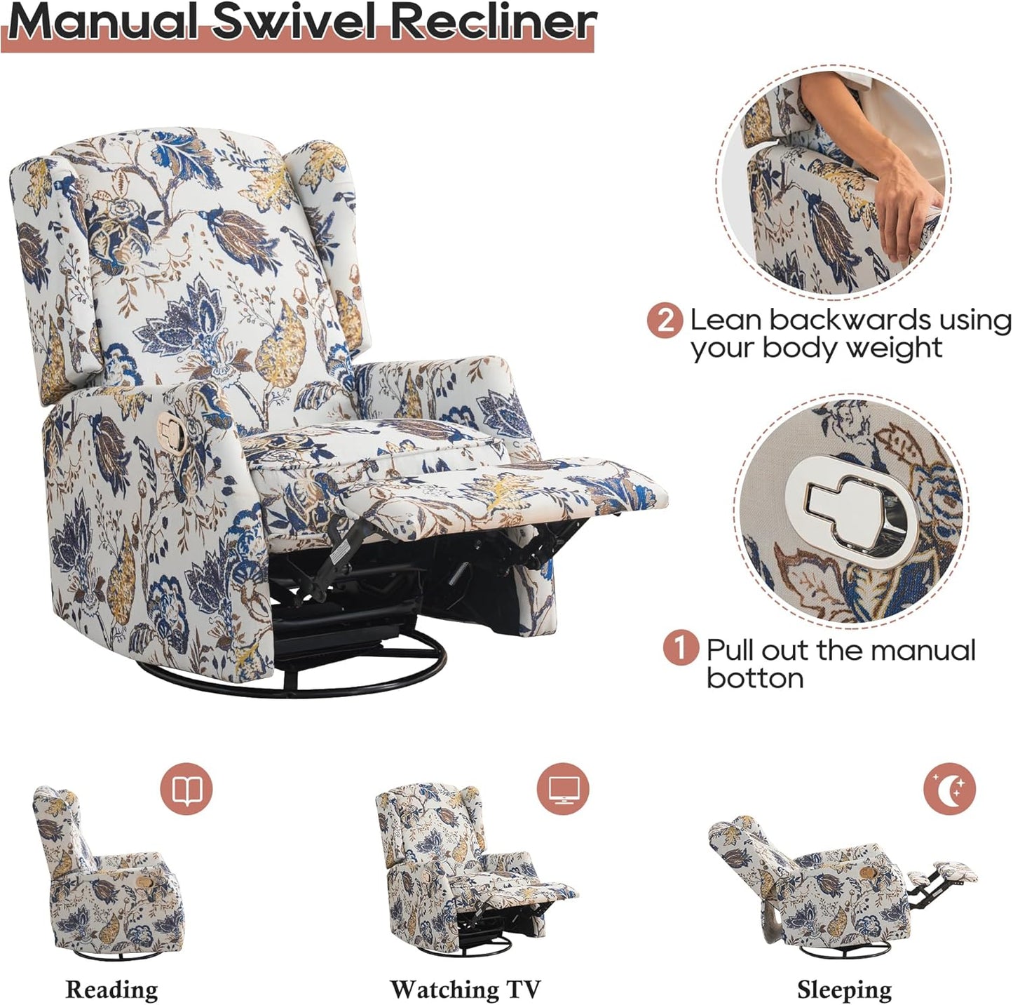Swivel Rocker Recliner - Printed Modern Wingback Chair for Living Room, Nursery With Adjustable Backrest & Footrest, 360 Degree Swivel, Rocking, Blue Floral