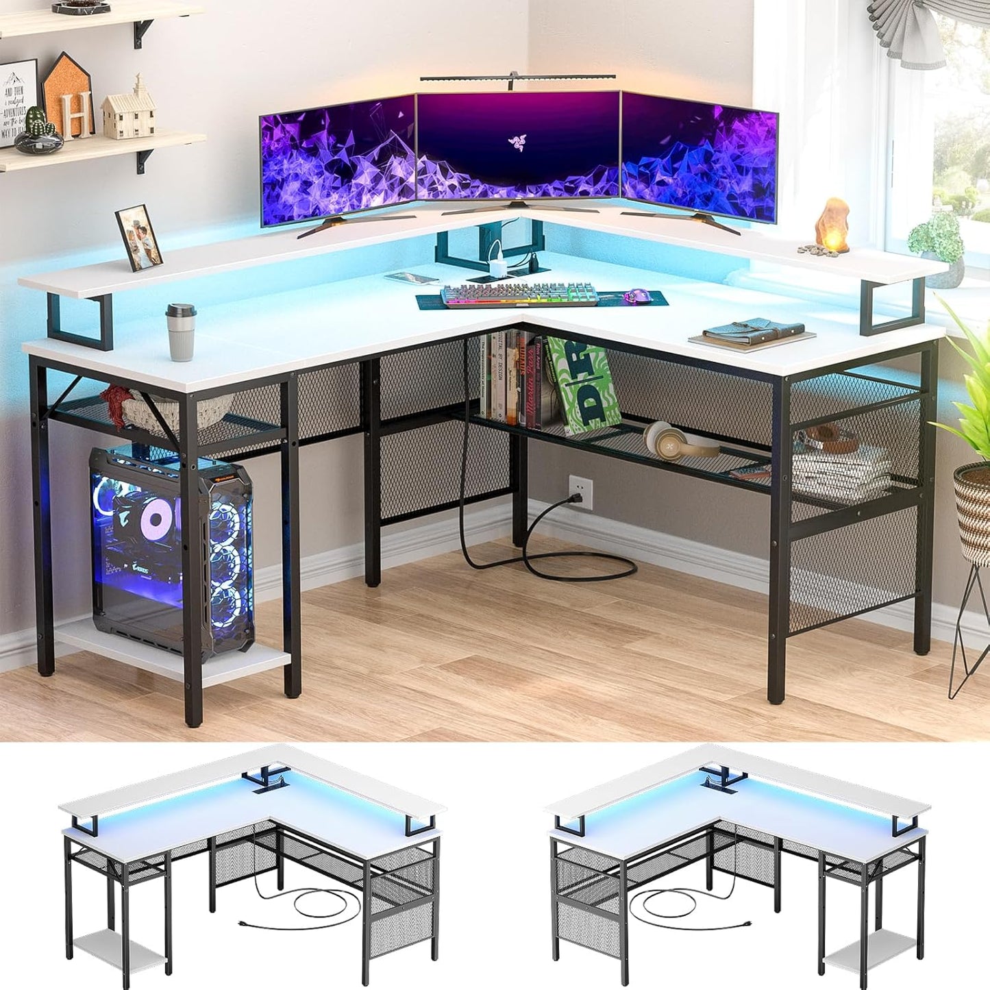 Unikito Reversible L Shaped Desk, Cool 55 Inch Corner Computer Desk with Smart Strip Light and Magic Power Outlet, Sturdy Office Table with Monitor Stand and Shelf, Elegant Grid Design, Light Walnut