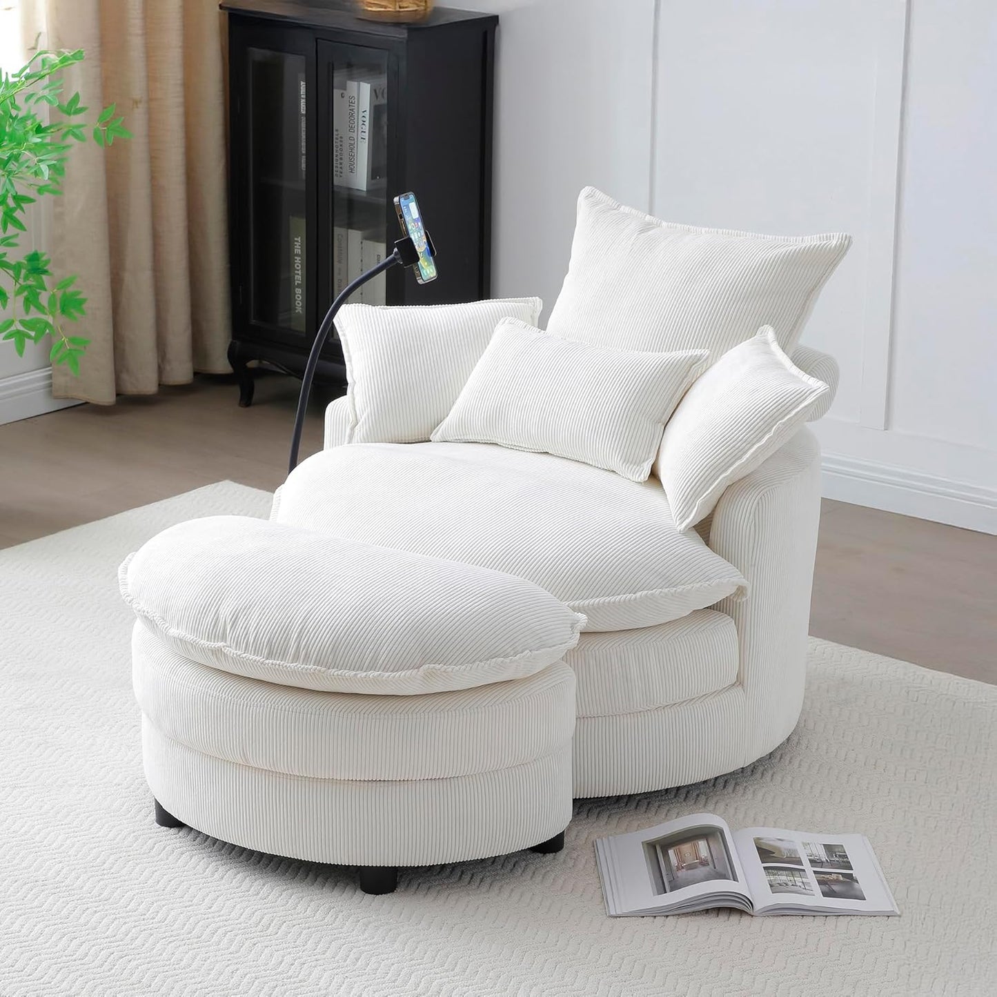 Swivel Barrel Chairs with Ottoman and Gooseneck Phone Holder, Upholstered Accent Swivel Chair with Storage Footrest for Living Room Bedroom Office Studio Ivory White