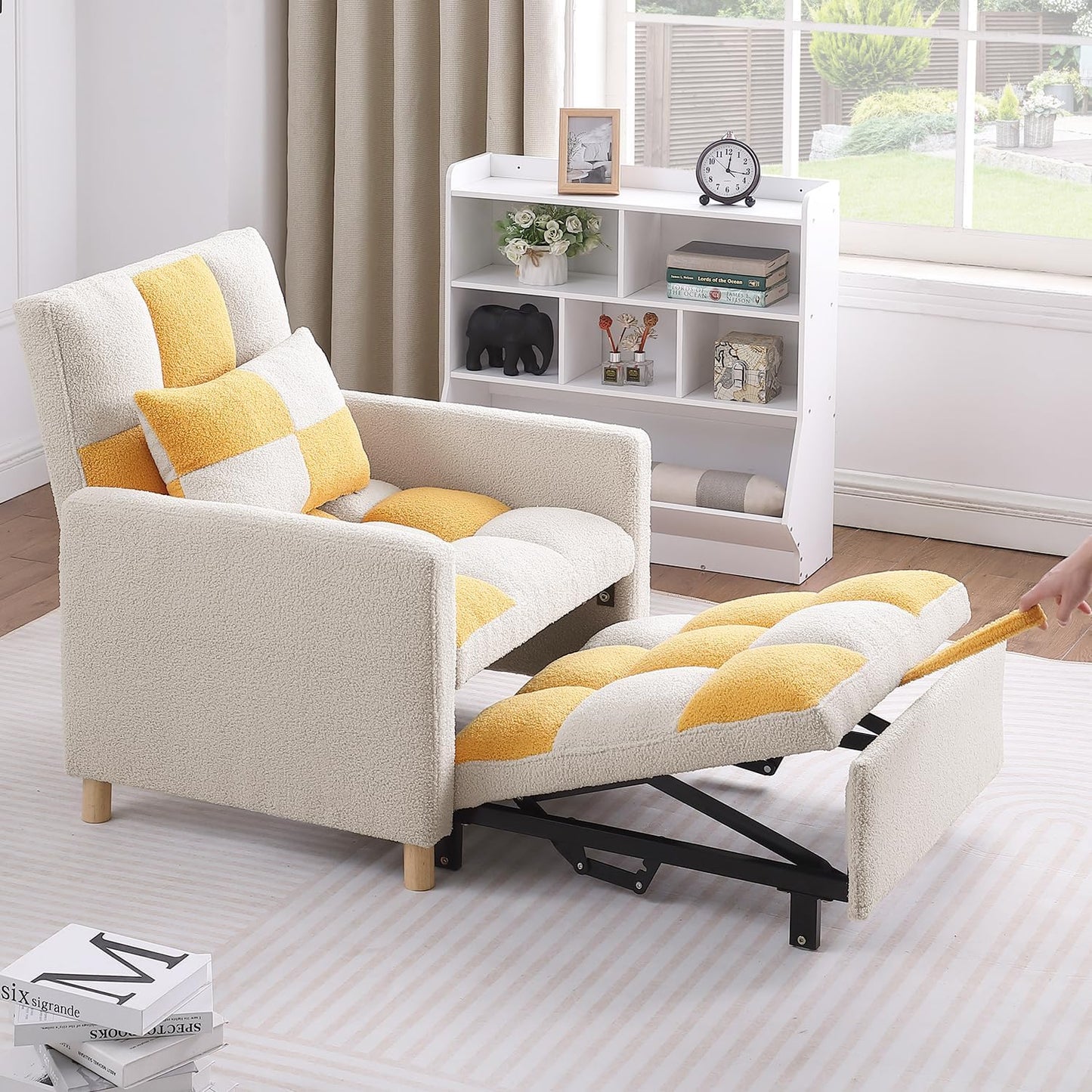 Sleeper Chair Bed Multi-functional Convertible Chair Sleeper Teddy Fabric Adjustable Single Pull Out Sofa Bed with Lumbar for Studio,Dorm, Apartment, Bedroom,Office,Living Room (Beige&Yellow)