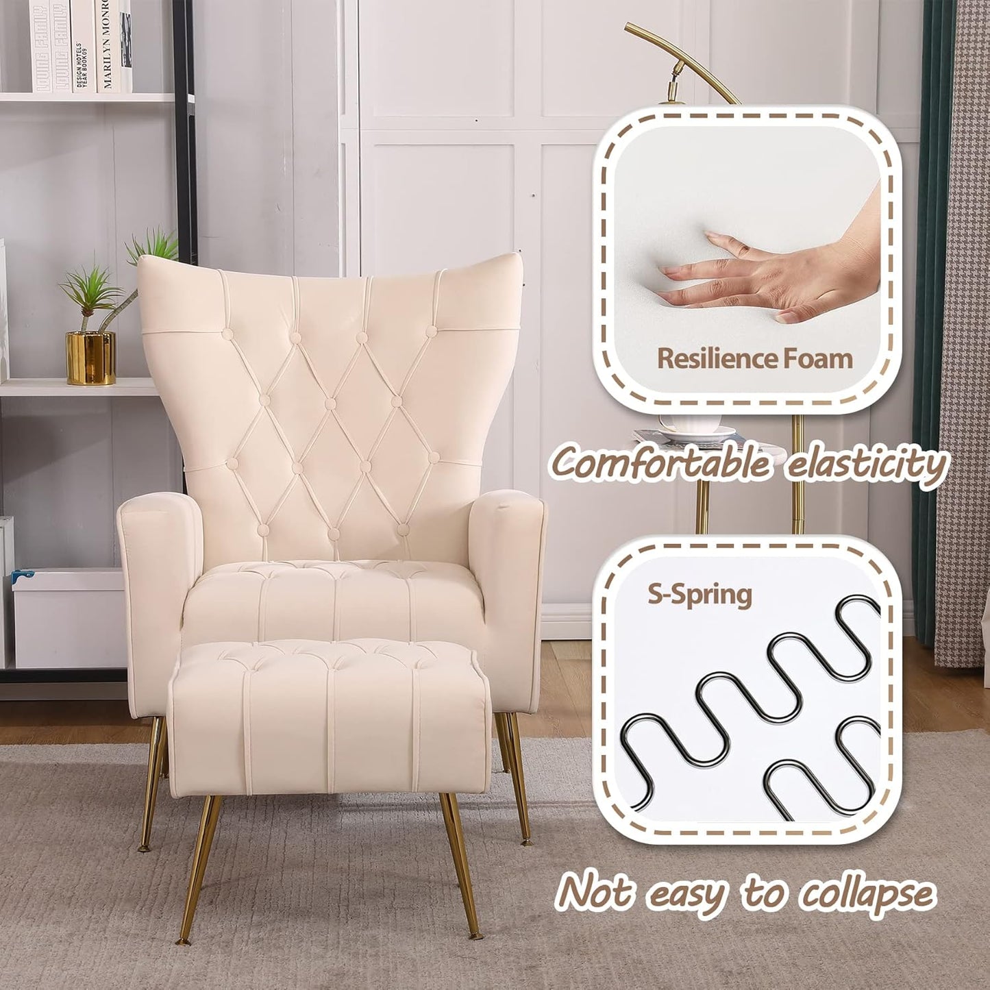 Accent Chair with Ottoman Set of 2, Comfy Chair and Ottoman Set, Upholstered Tufted Lounge Chair with Wide Seat Footrest, Reading Armchair for Living Room Bedroom, Beige,Velvet