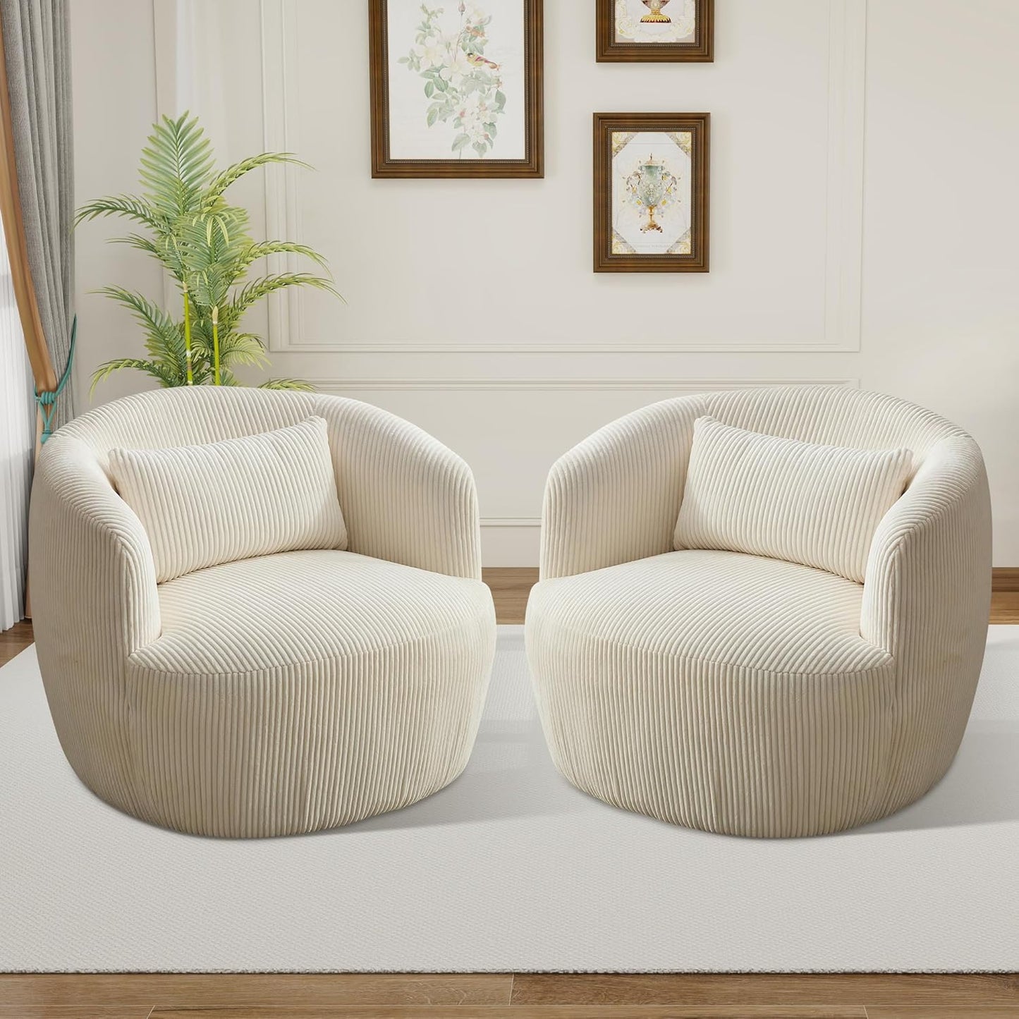 Aoiy & Wifon 34.25" W Swivel Barrel Chair, Upholstered Round Small Accent Chair, Single Comfy Barrel Chair for Living Room, Corduroy, Ivory