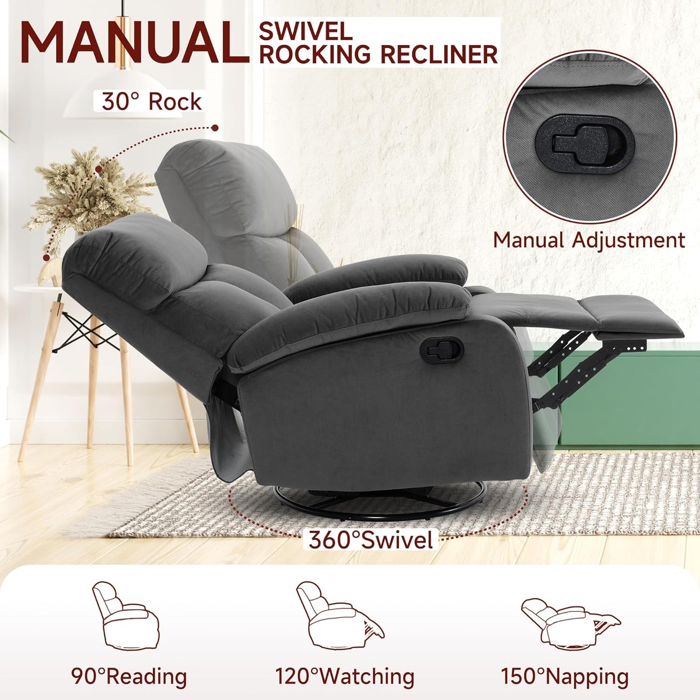 Swivel Rocker - Small Recliner for Small Spaces with Overstuffed Arms and Back, Manual Swivel Recliner Chair with Ultra-Soft Velvet for Living Room, Nursery, Bedroom, Dark Gray