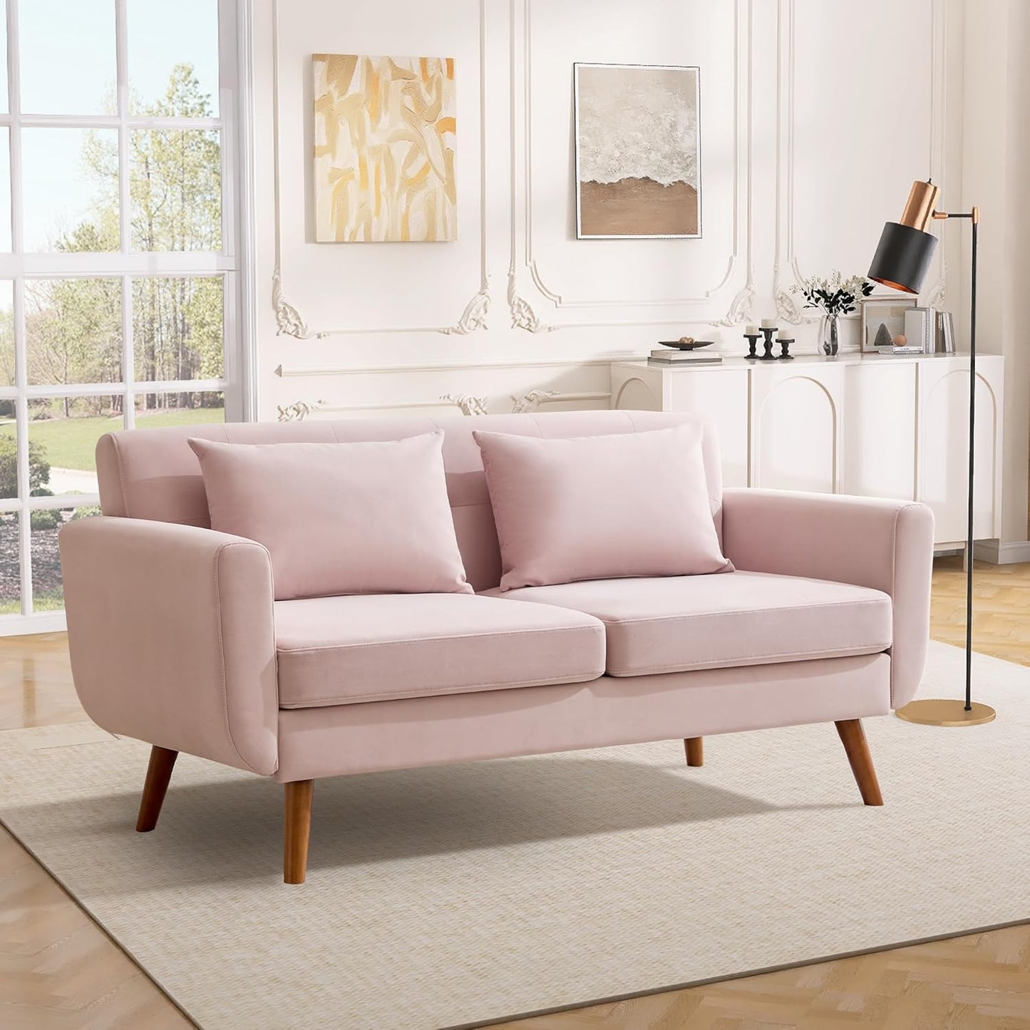 Tbfit 65" W Loveseat Sofa, Mid Century Modern Decor Love Seat Couches for Living Room, Button Tufted Upholstered Small Couch for Bedroom, Solid and Easy to Install Love Seats Furniture, Beige