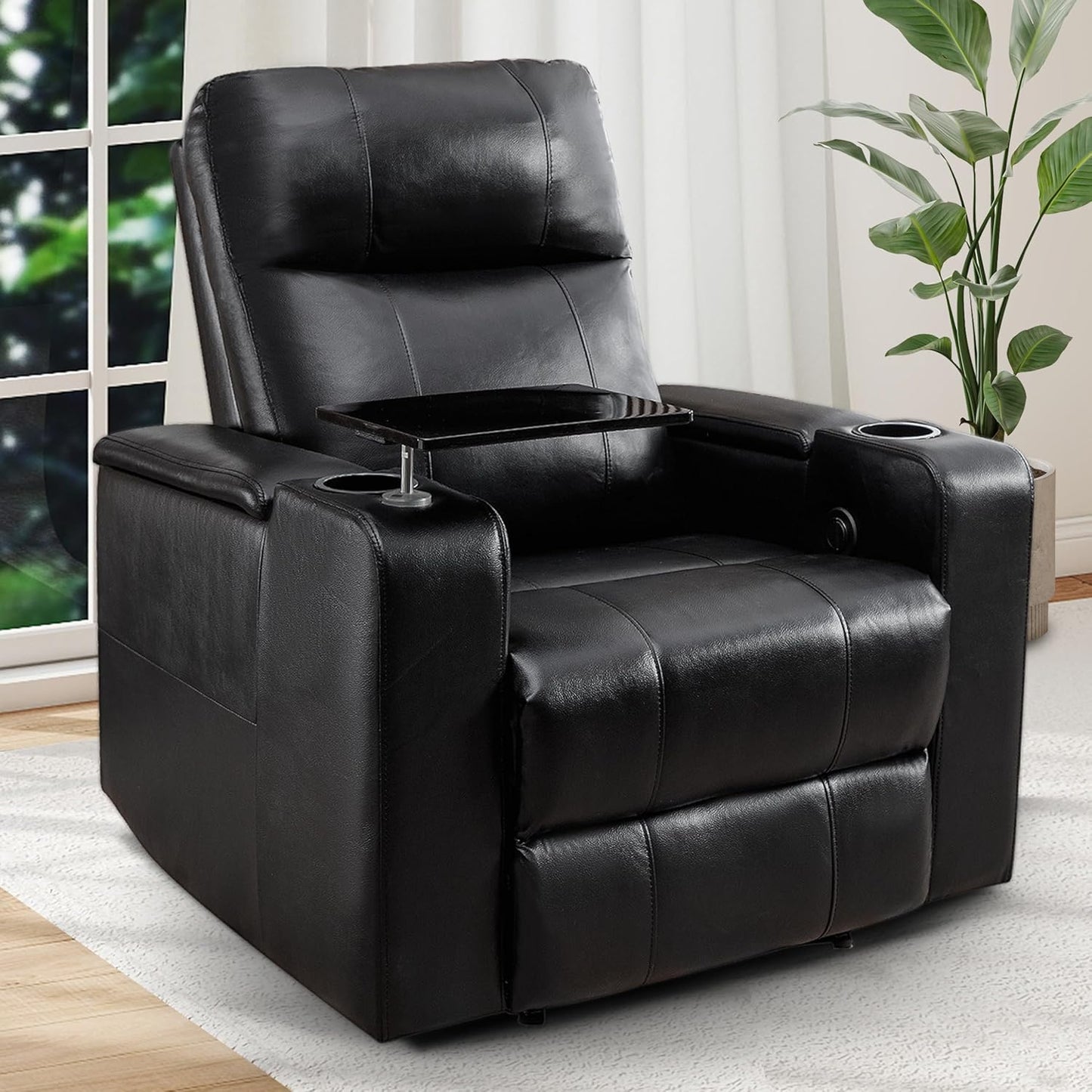 ANJ White Power Recliner Chair Electric Home Theater Seating Soft Leather Movie Chair for Living Room Overstuffed Single Reclining Sofa with Hidden Arm Storage, Cup Holders and USB Ports (Cream White)