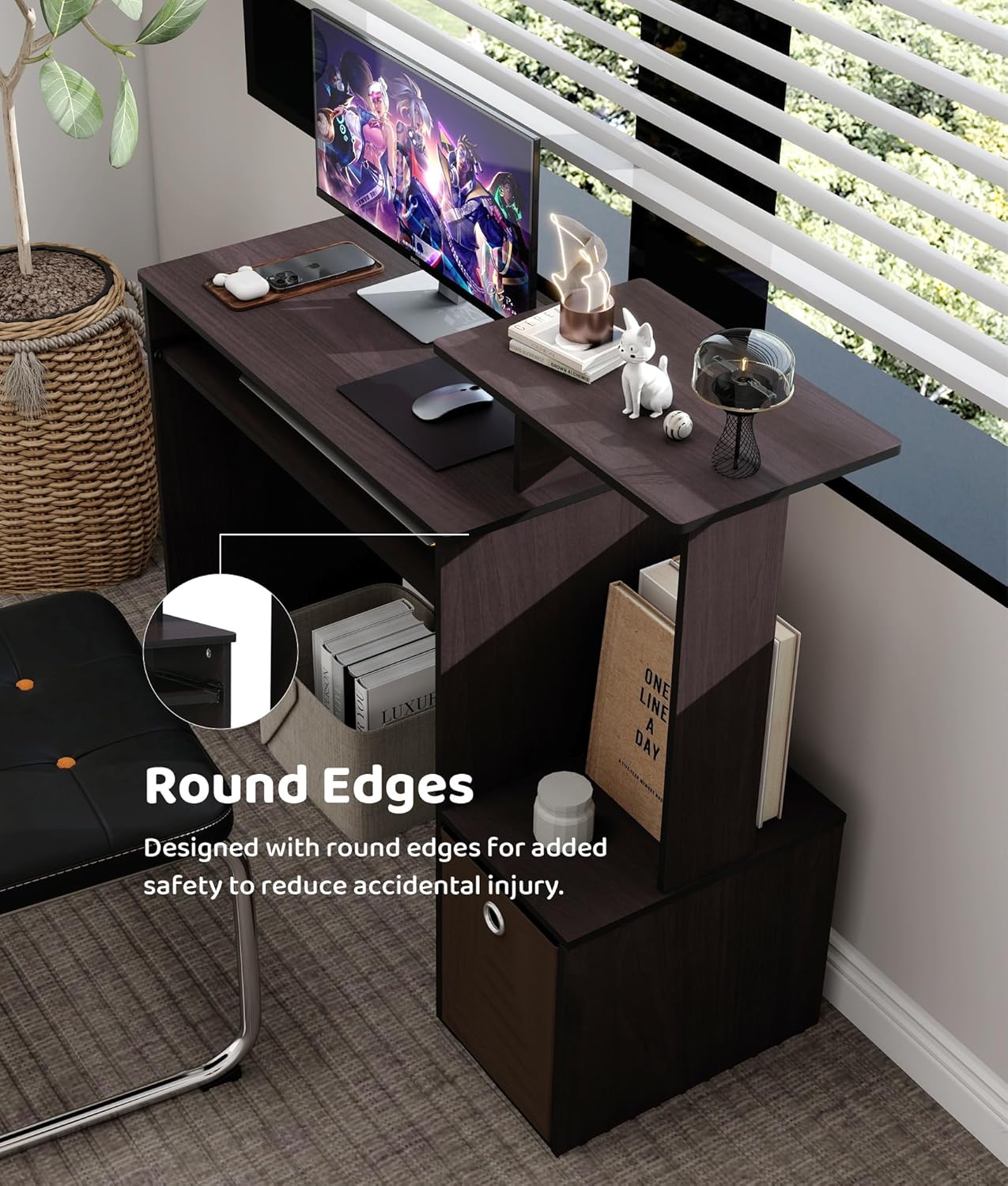Small Computer Desk for Bedroom, Home Office Desk with Drawers Storage Shelves for Living Room Study Bedroom, Dark Walnut/Brown