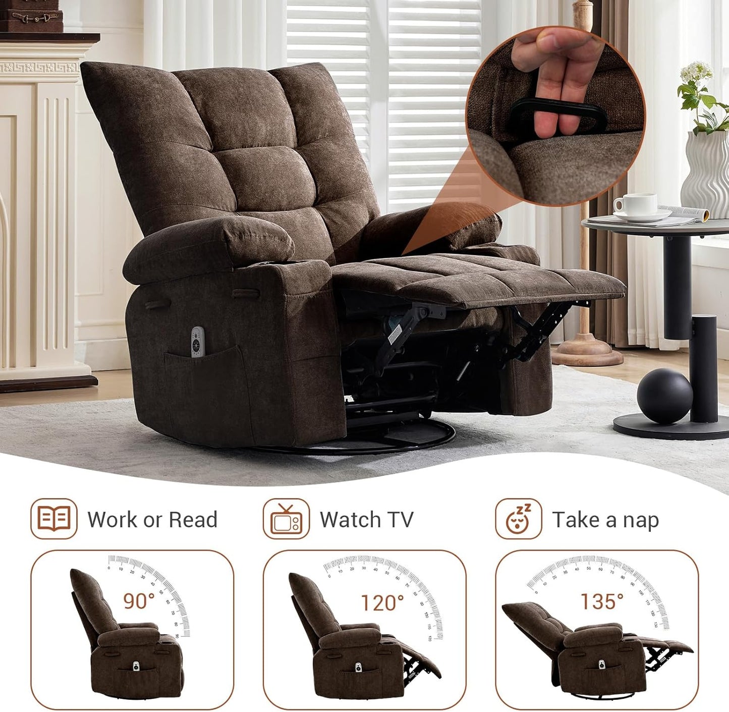 Swivel Rocker Recliner Chair with Heat and Massage,360 Degree Swivel Rocking Single Sofa with Cup Holders, Oversized Single Sofa Seat, Lazy Boy Recliner Chairs for Living Room